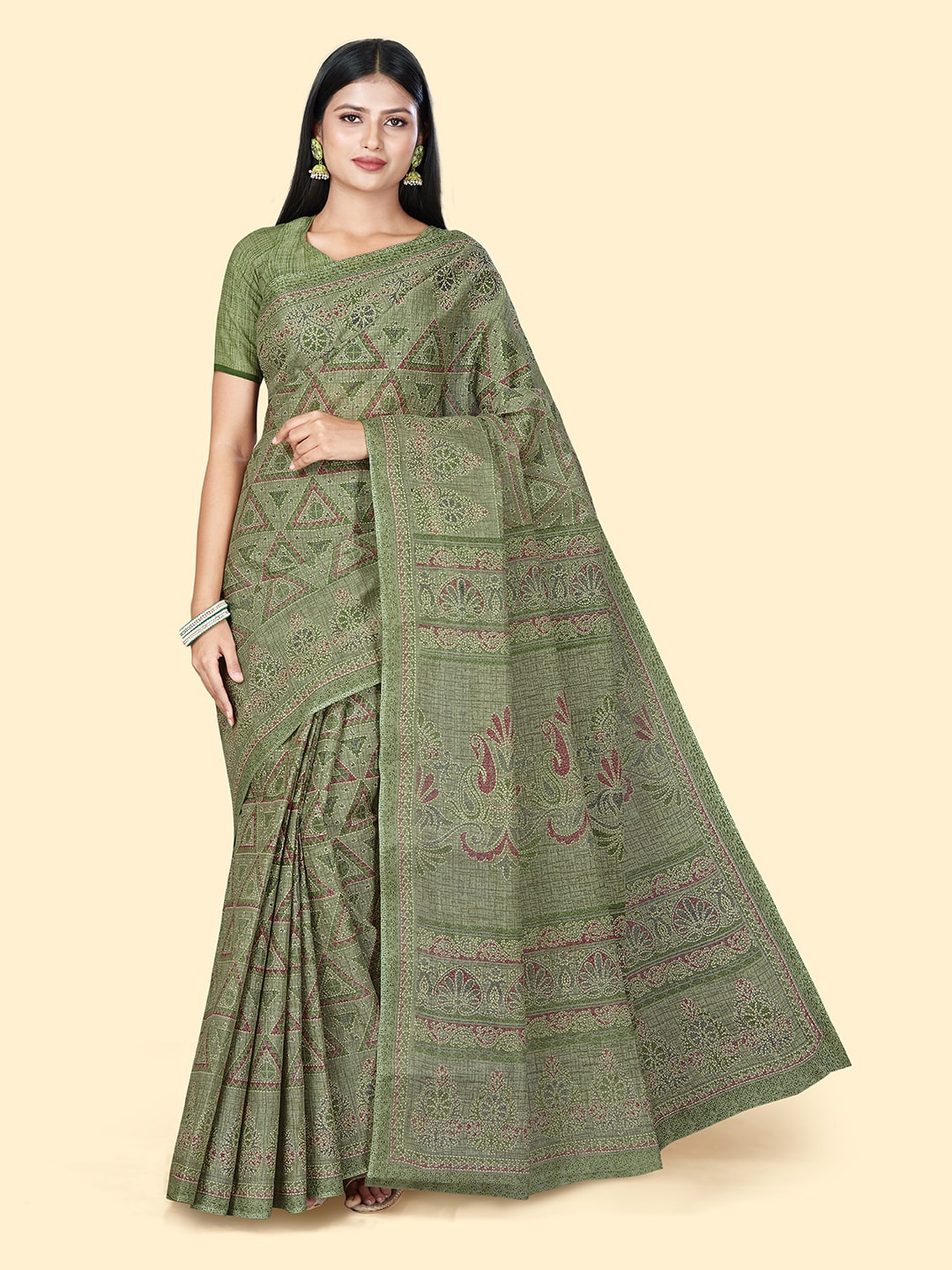 

SHANVIKA Geometric Printed Pure Cotton Saree, Green