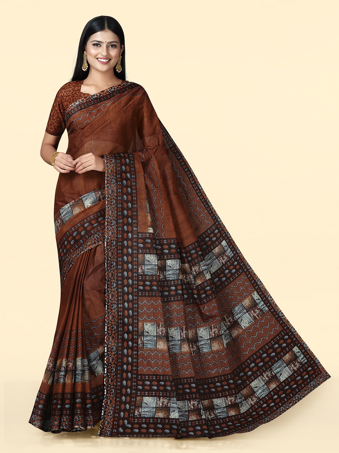 

SHANVIKA Ethnic Motifs Printed Pure Cotton Saree, Rust