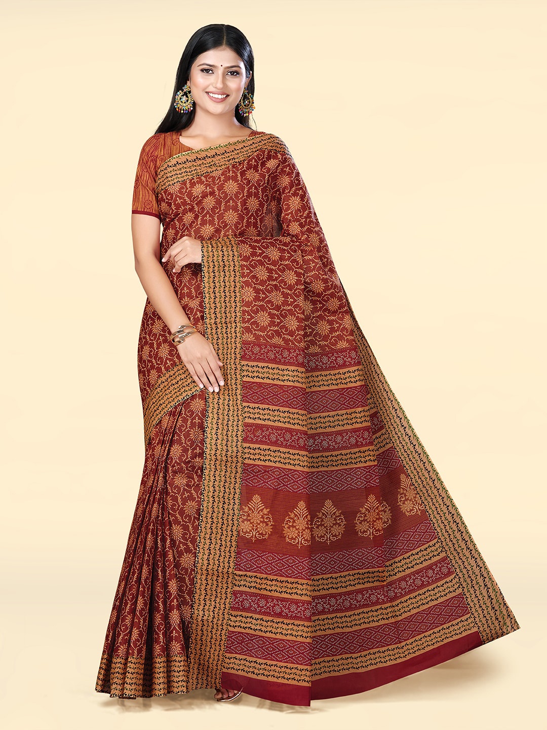 

SHANVIKA Floral Printed Pure Cotton Block Print Saree, Rust