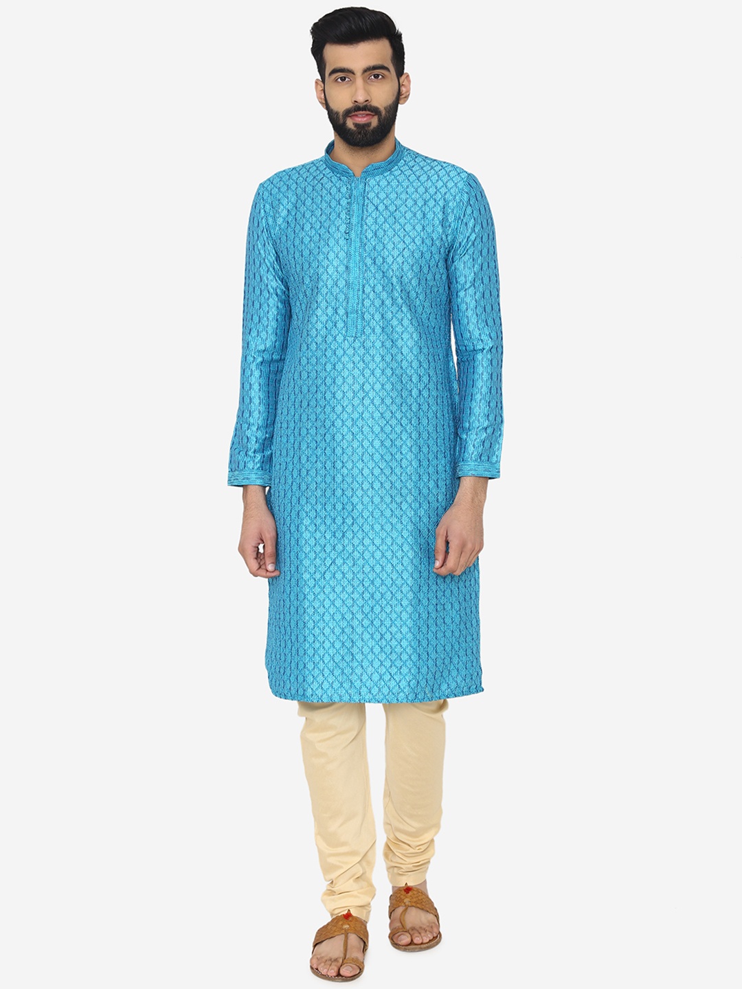 

Manyavar Men Blue & Off-White Embroidered Kurta with Churidar