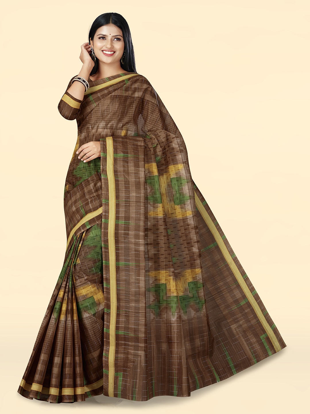 

SHANVIKA Abstract Printed Pure Cotton Block Print Saree, Brown