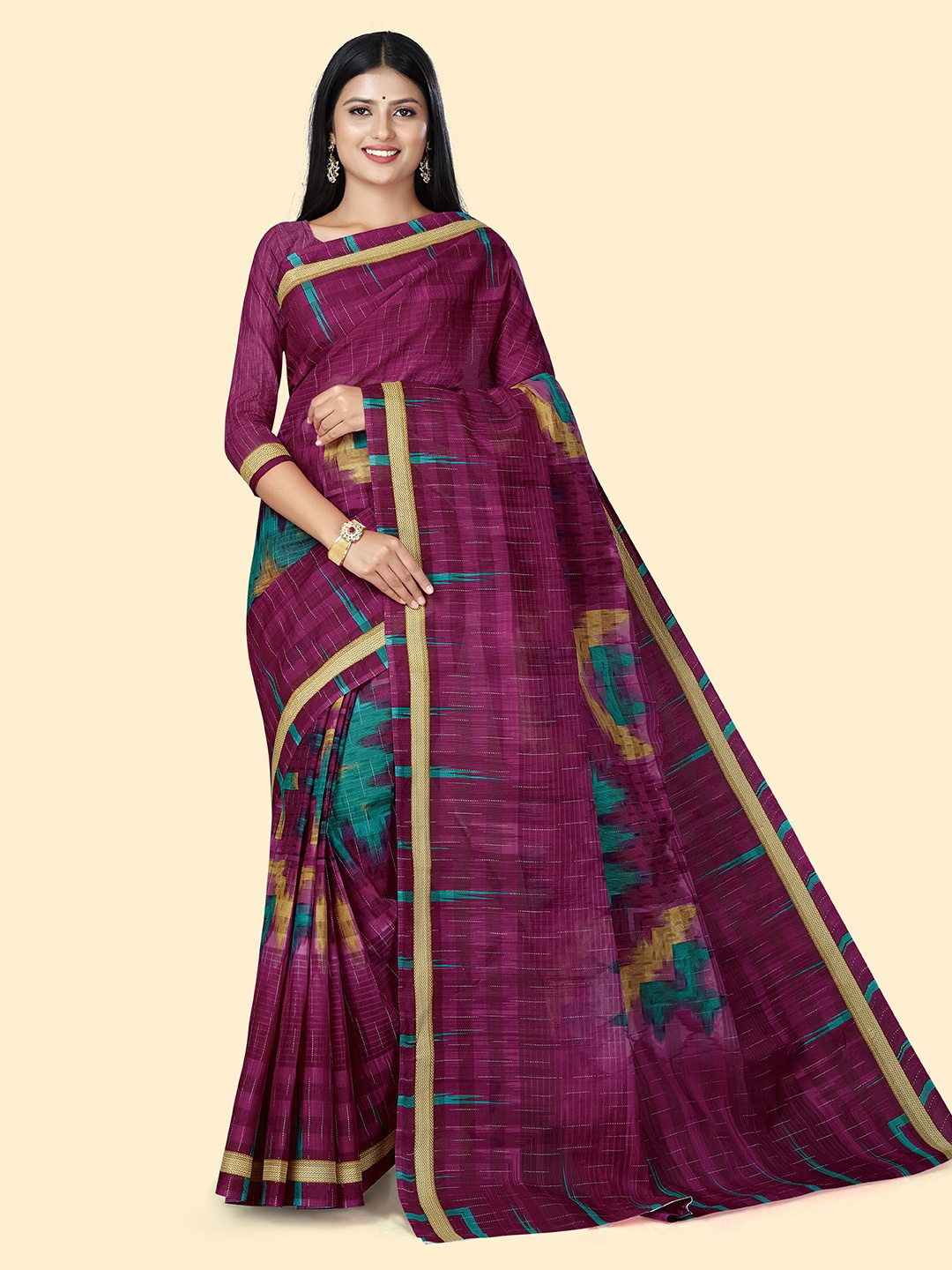 

SHANVIKA Abstract Printed Pure Cotton Block Print Saree, Magenta