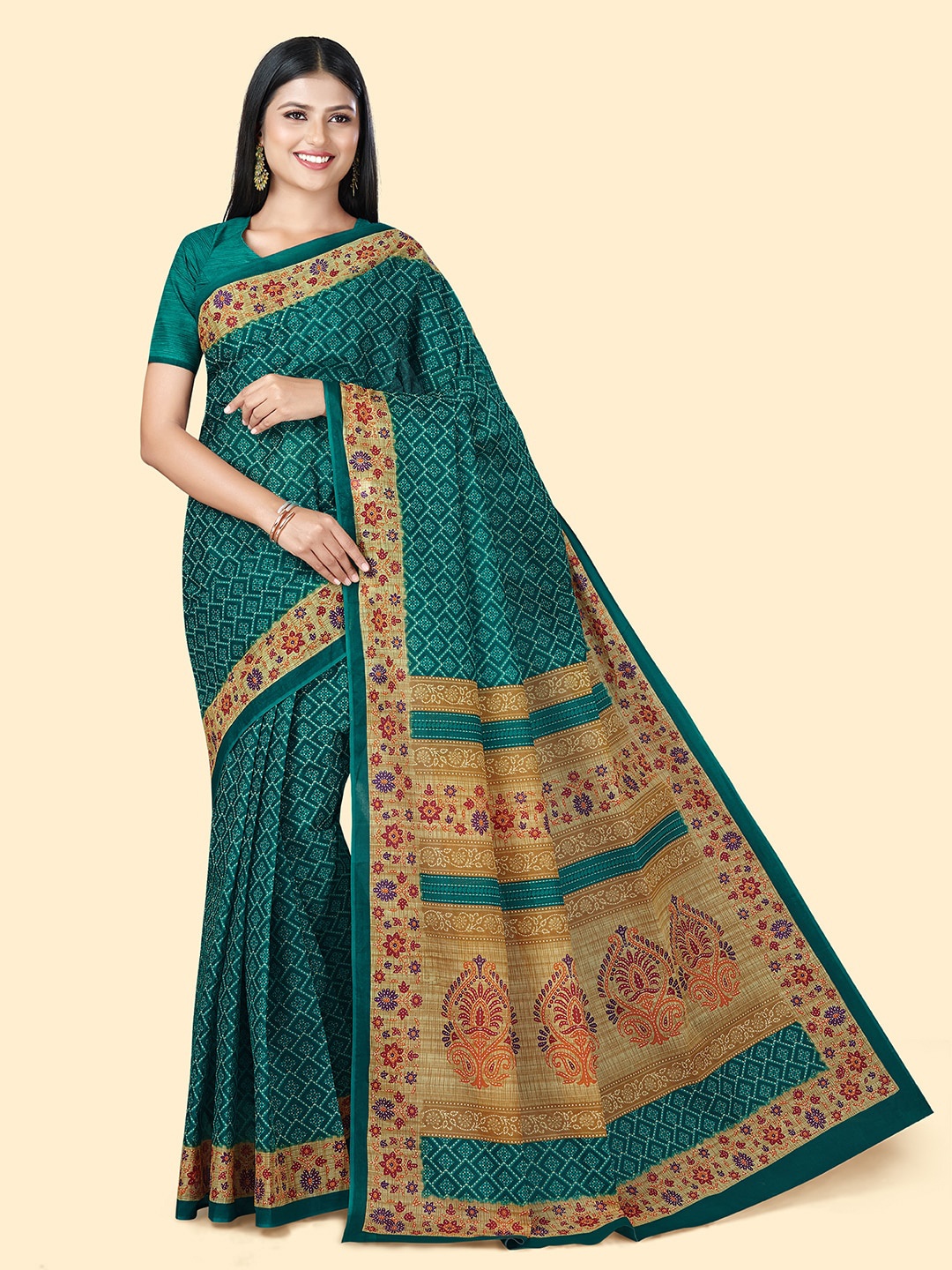 

SHANVIKA Geometric Printed Pure Cotton Block Print Saree, Green