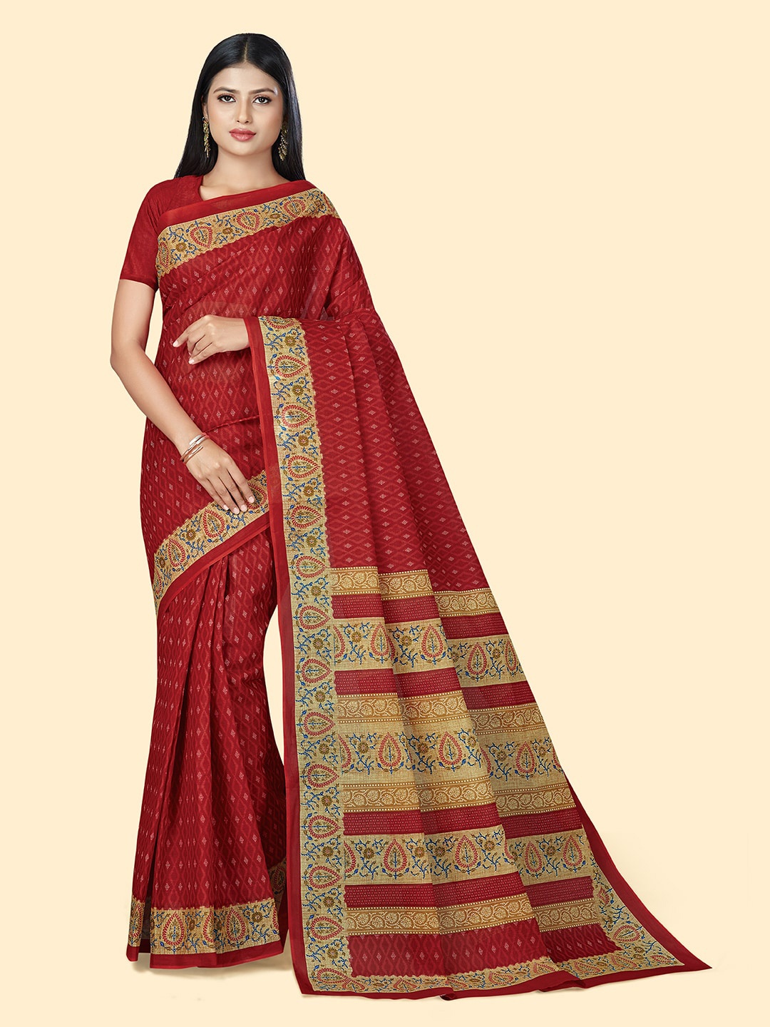 

SHANVIKA Ethnic Motifs Printed Pure Cotton Saree, Red