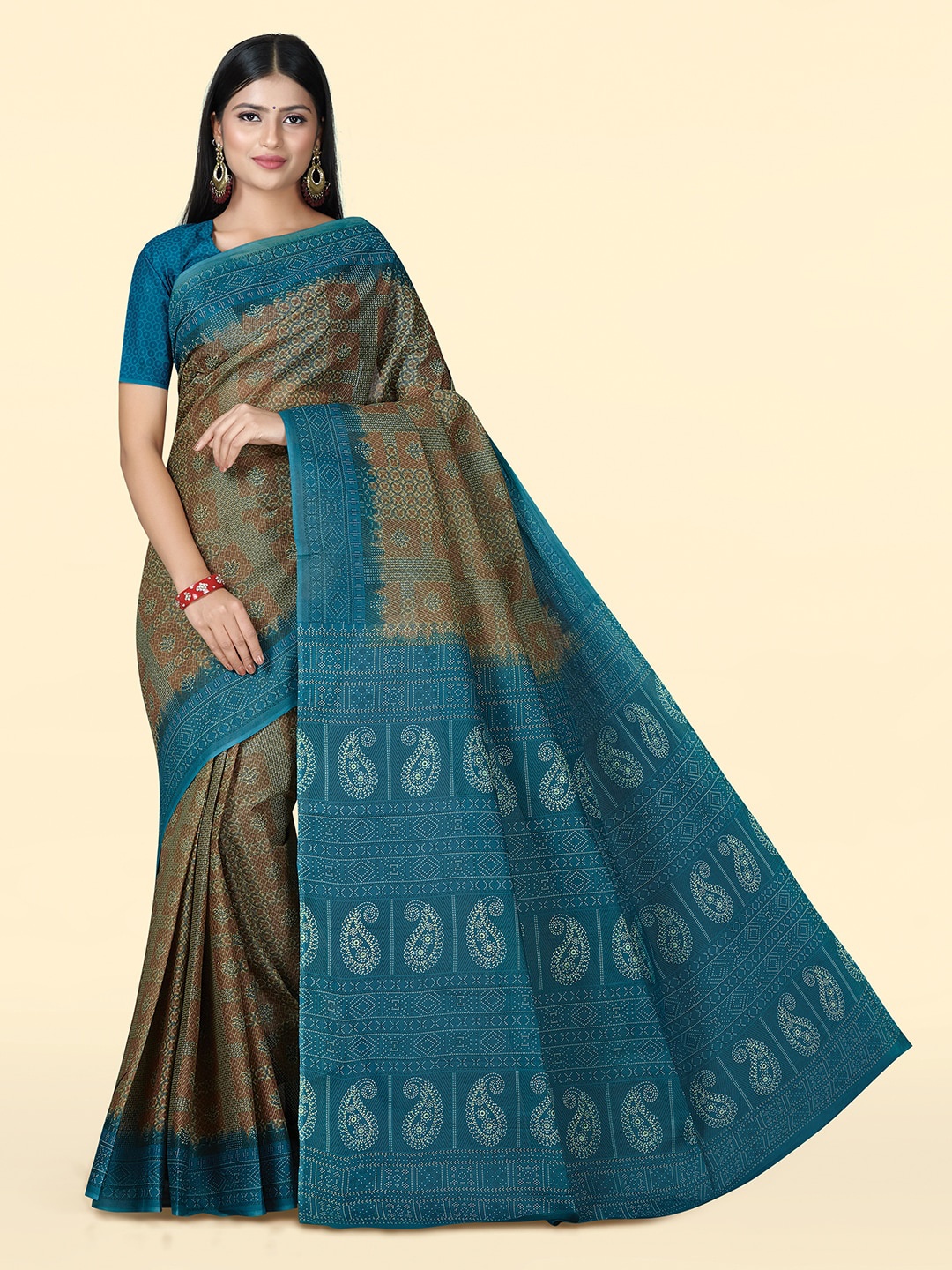 

SHANVIKA Ethnic Motifs Printed Pure Cotton Saree, Brown