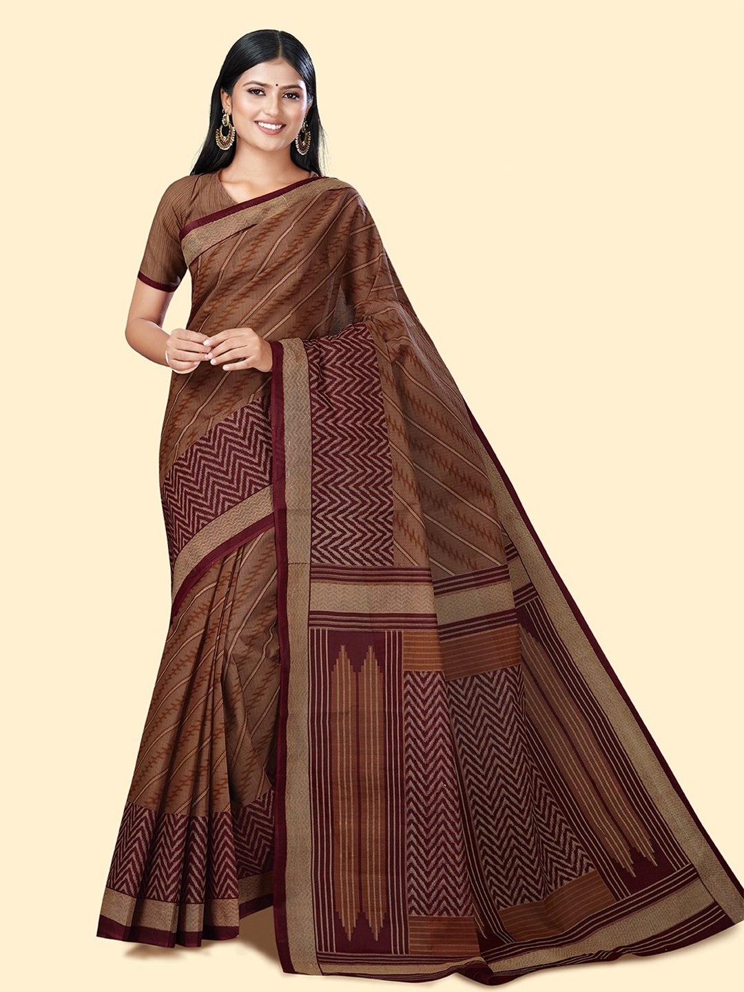 

SHANVIKA Leheriya Printed Pure Cotton Block Print Saree, Brown