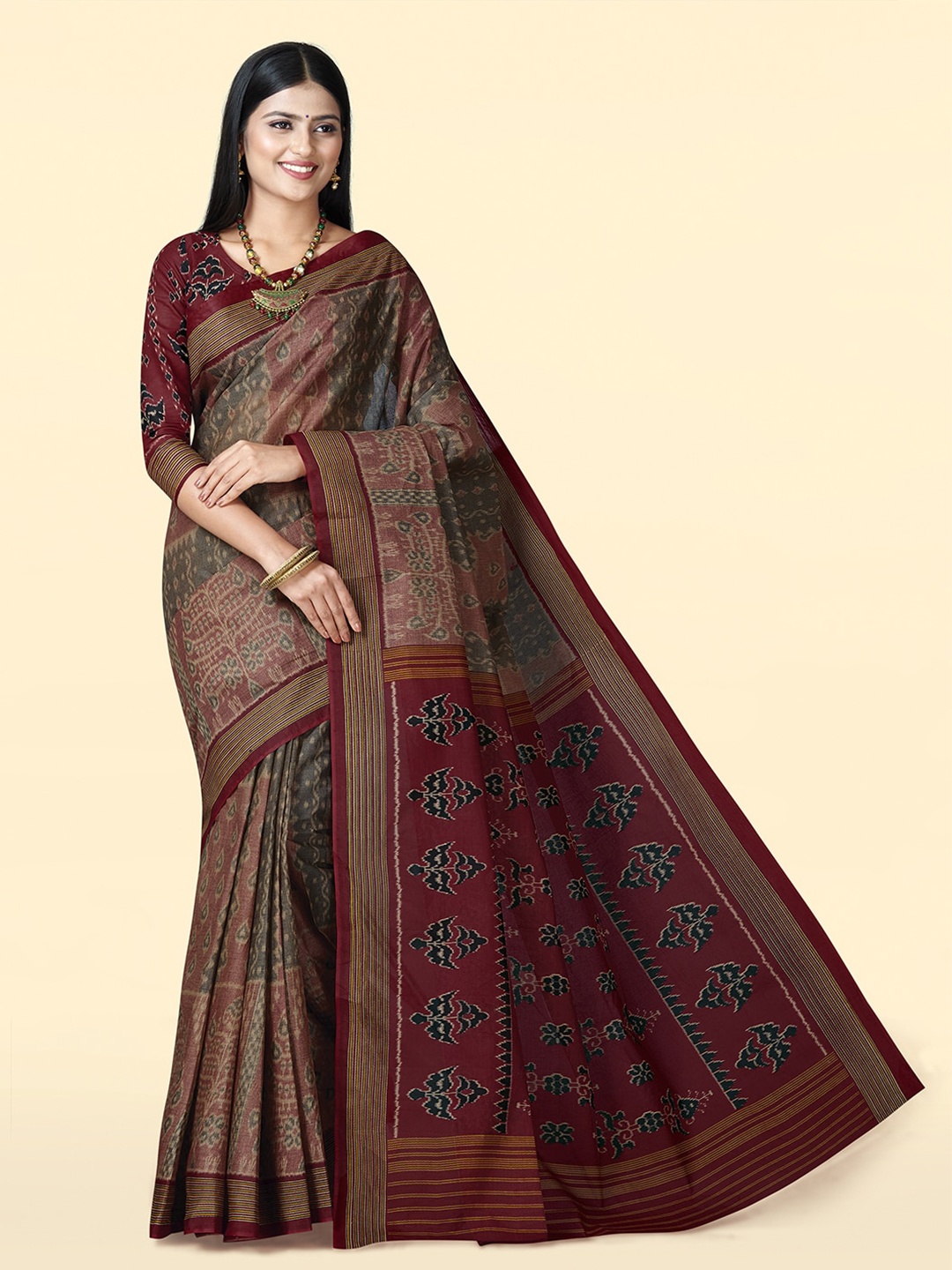 

SHANVIKA Ethnic Motifs Printed Zari Pure Cotton Block Print Saree, Brown