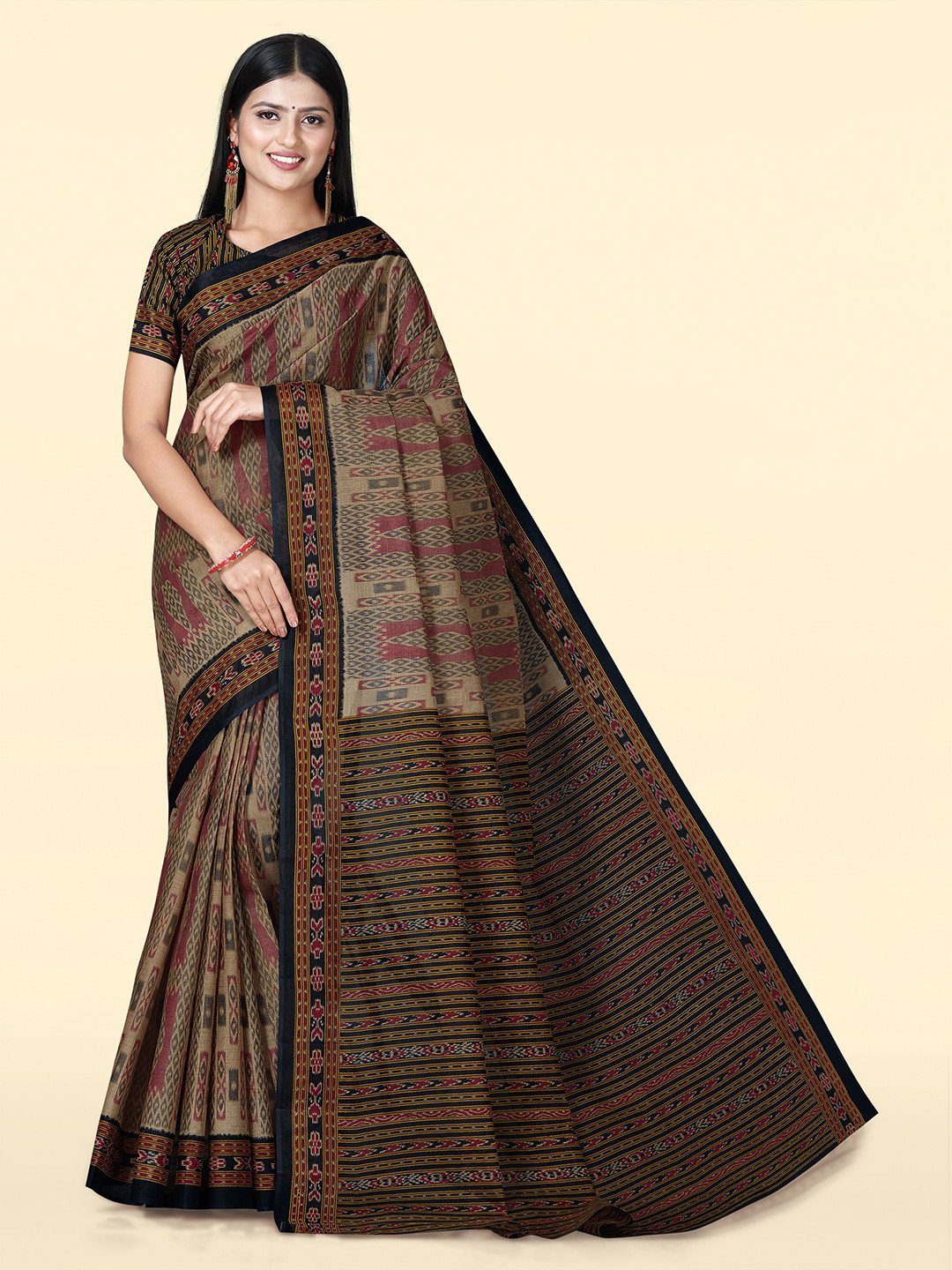 

SHANVIKA Ikkat Printed Pure Cotton Block Print Saree, Brown