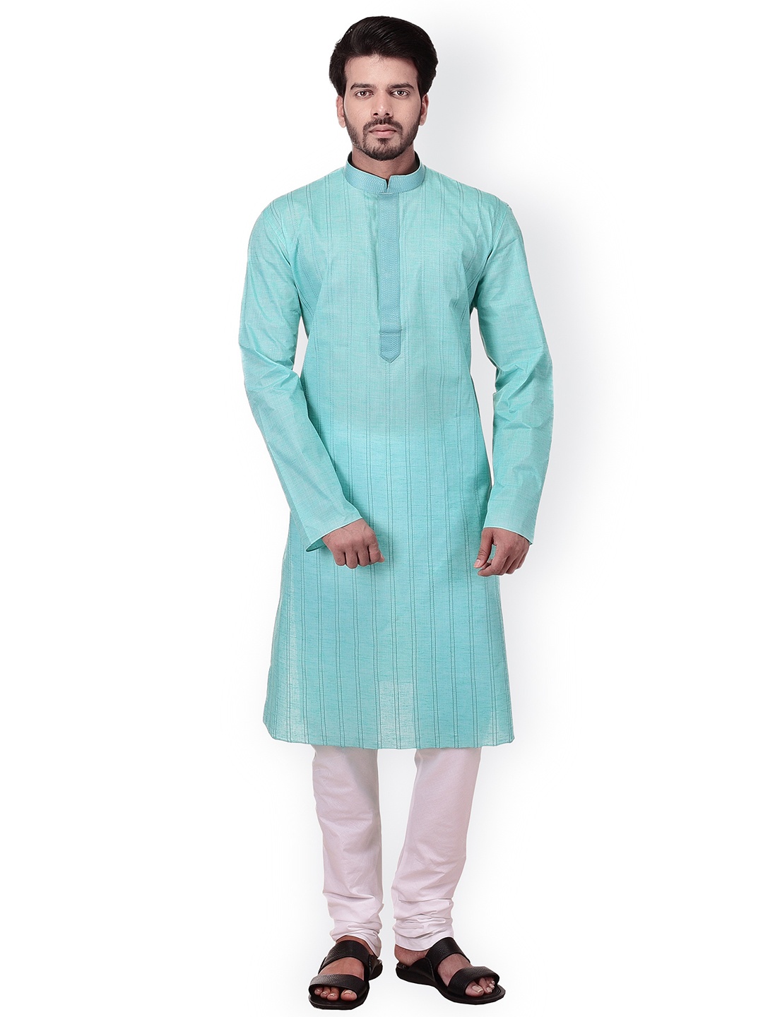 

Manyavar Men Turquoise Blue Self Design Kurta with Churidar
