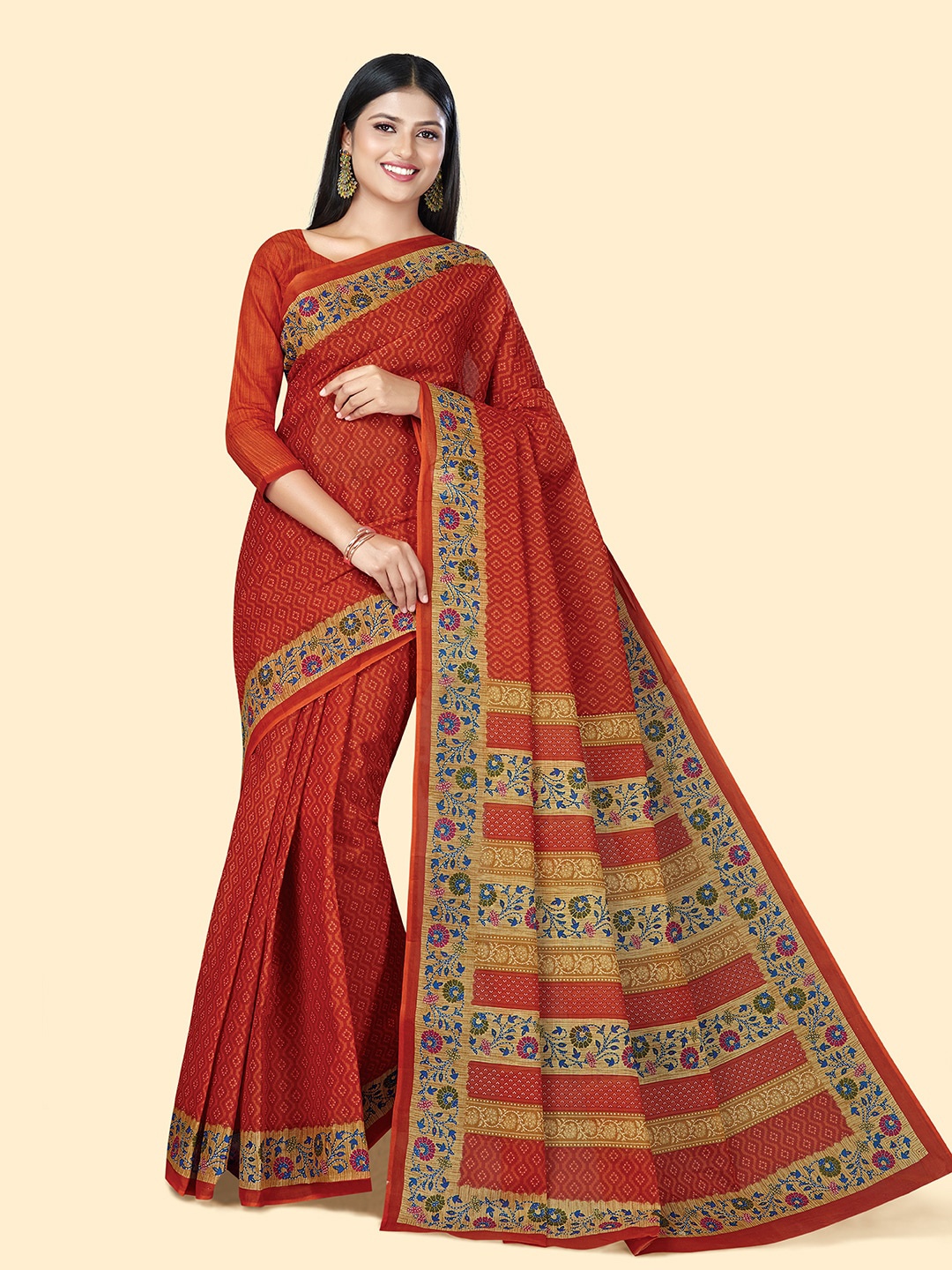 

SHANVIKA Ethnic Motifs Printed Pure Cotton Block Print Saree, Red