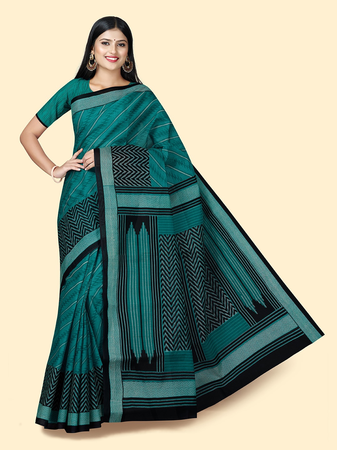 

SHANVIKA Leheriya Printed Pure Cotton Block Print Saree, Green