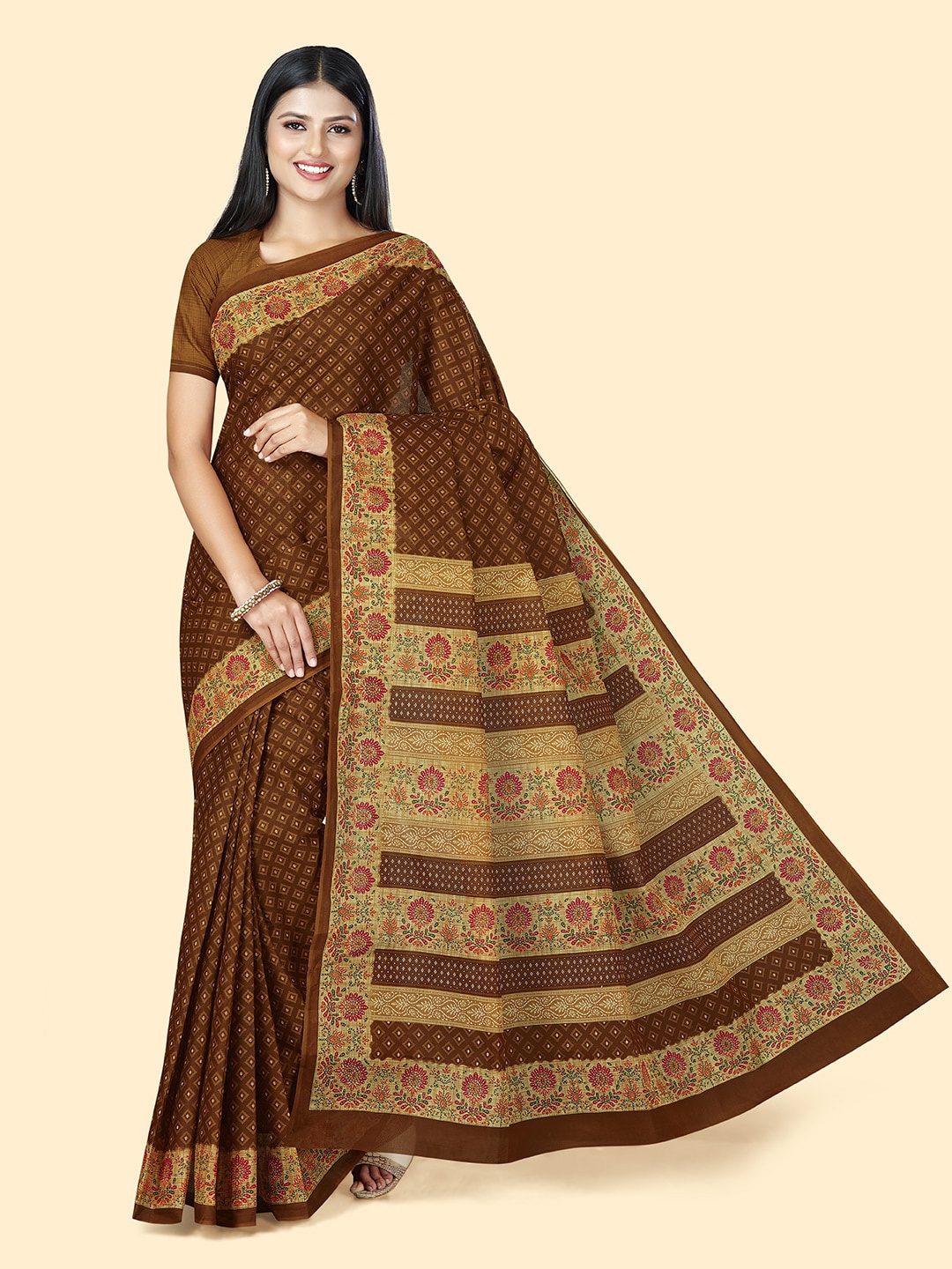 

SHANVIKA Ethnic Motifs Block Printed Pure Cotton Saree, Brown