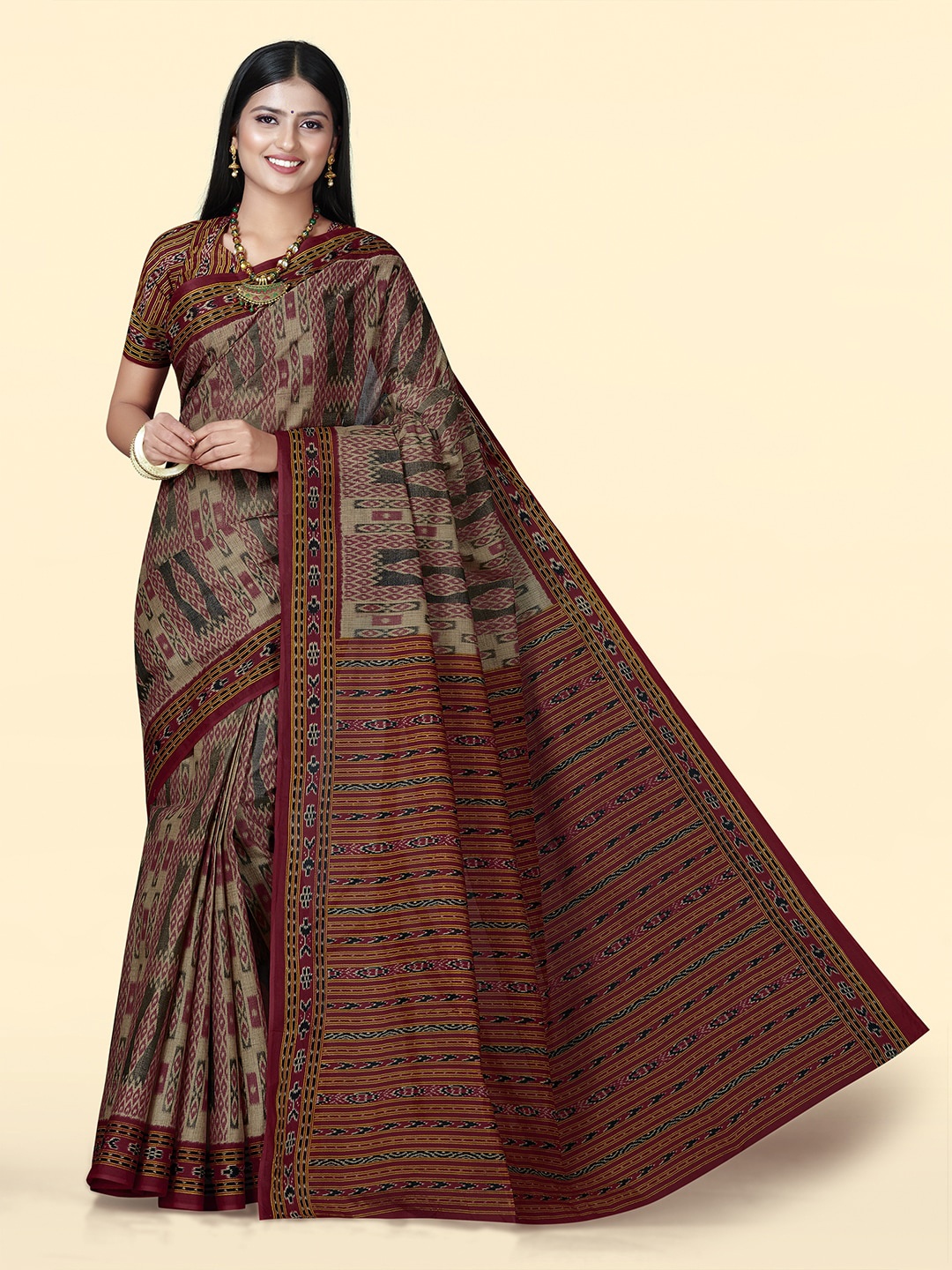 

SHANVIKA Ethnic Motifs Block Printed Pure Cotton Saree, Brown