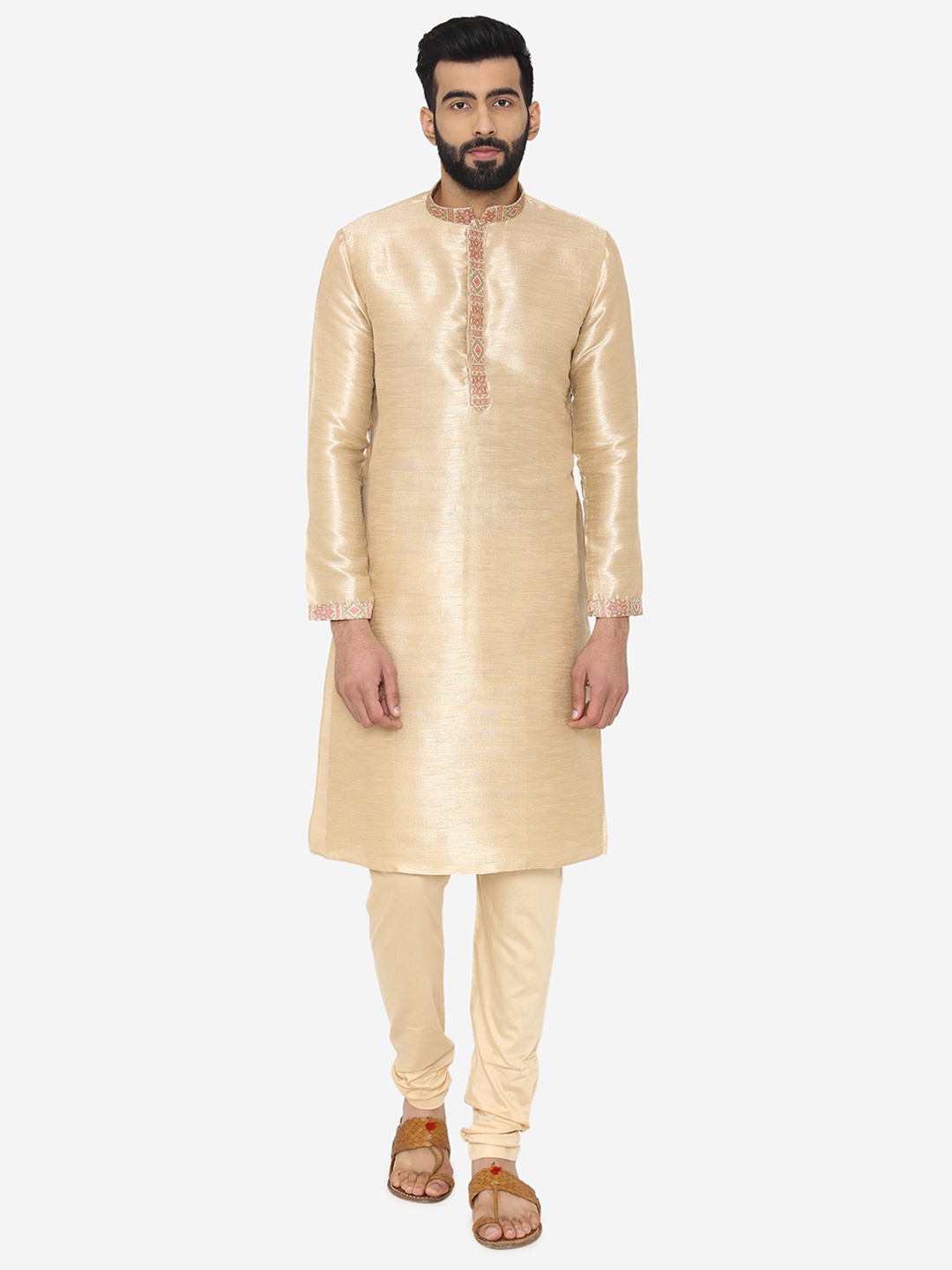 

Manyavar Men Beige Self Design Kurta with Churidar & Nehru Jacket