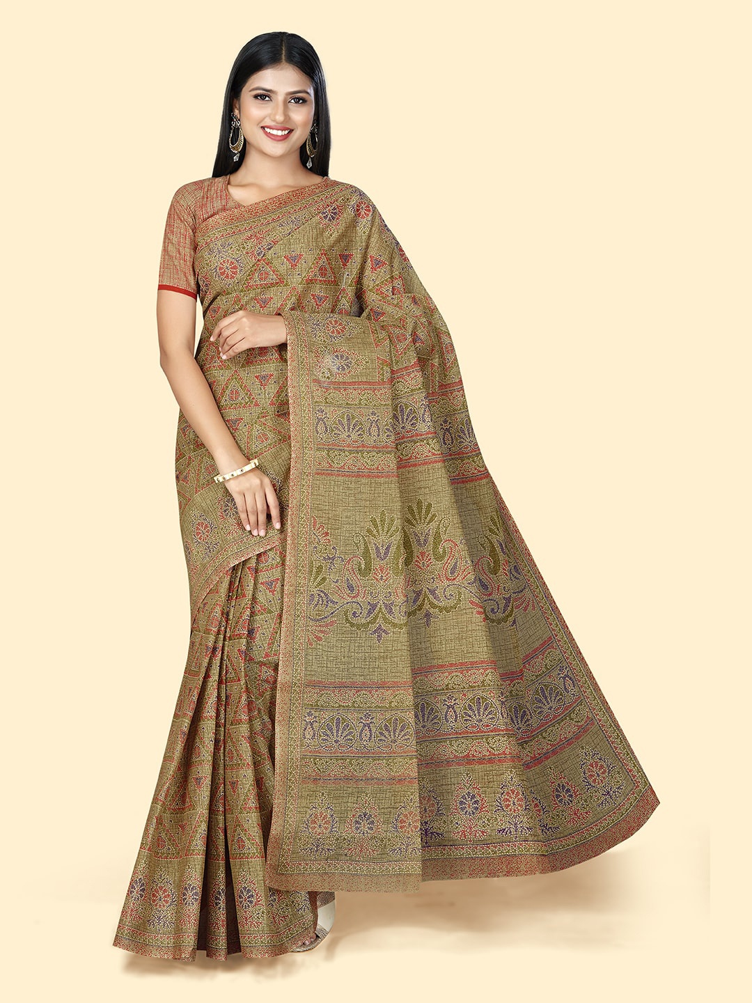 

SHANVIKA Ethnic Motifs Printed Pure Cotton Saree, Brown