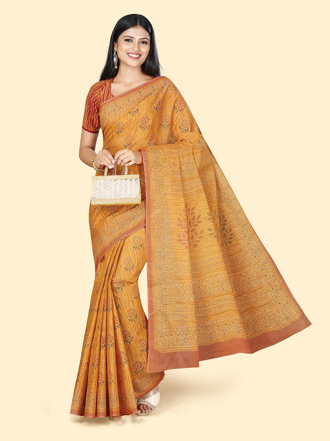 

SHANVIKA Orange & Green Floral Printed Pure Cotton Block Print Saree, Yellow