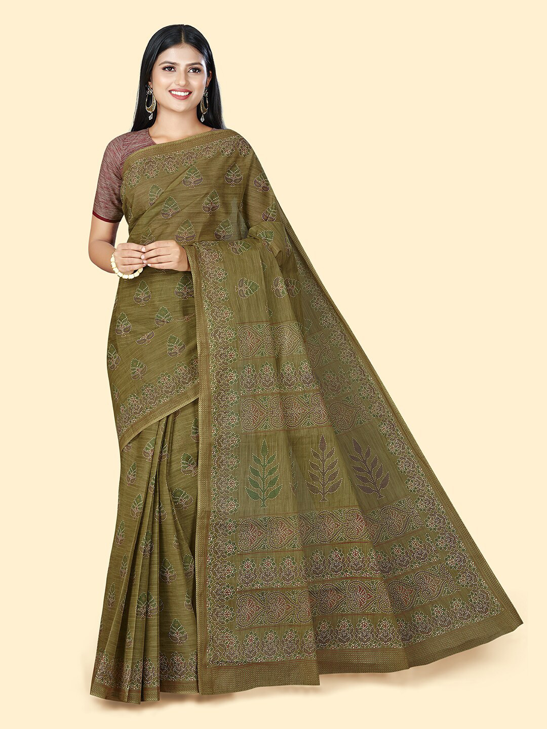 

SHANVIKA Green & Maroon Floral Printed Pure Cotton Block Print Saree