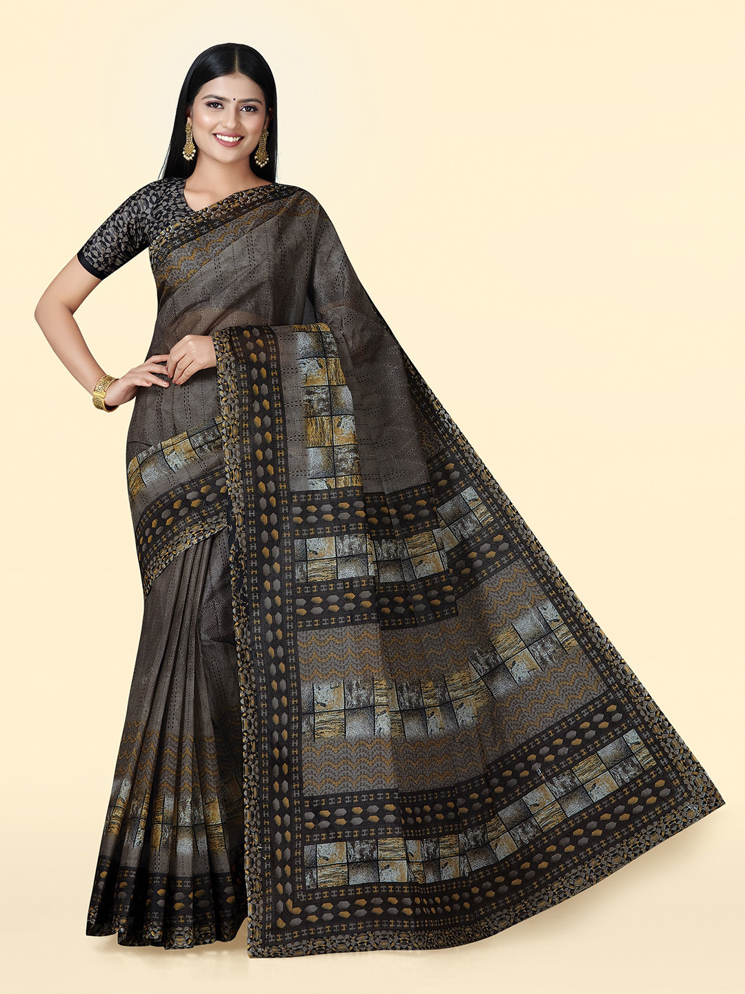 

SHANVIKA Abstract Printed Pure Cotton Block Print Saree, Grey