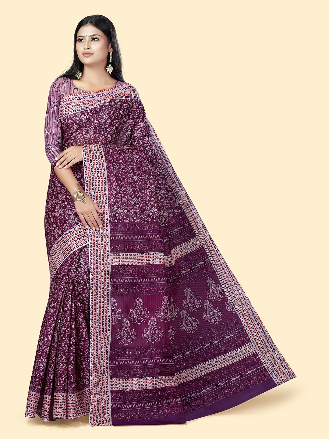 

SHANVIKA Floral Printed Pure Cotton Saree, Purple