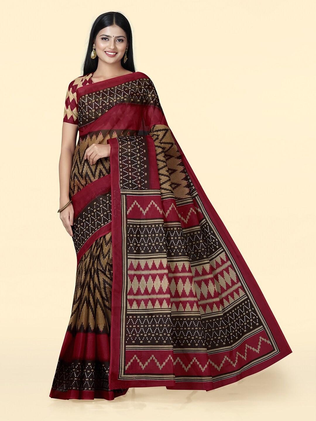 

SHANVIKA Geometric Printed Pure Cotton Saree, Brown