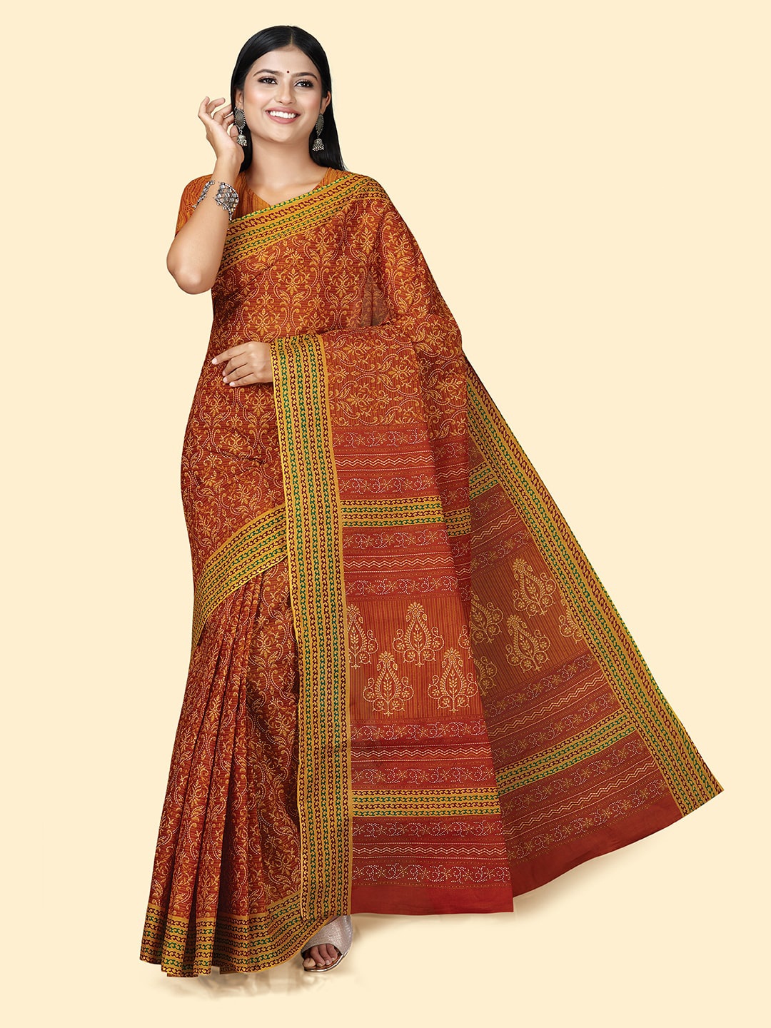 

SHANVIKA Ethnic Motifs Block Printed Pure Cotton Saree, Rust
