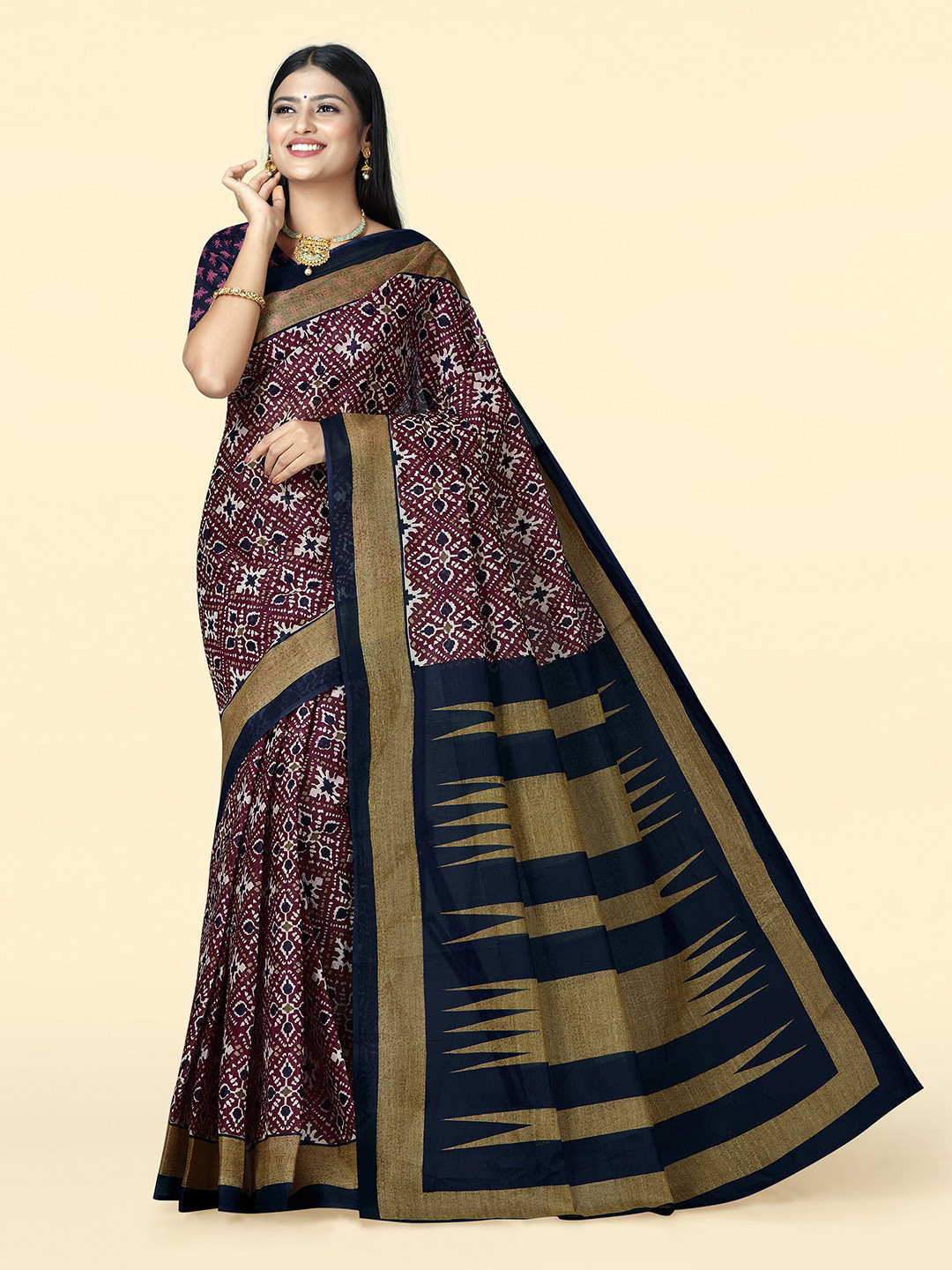 

SHANVIKA Ethnic Motifs Printed Pure Cotton Block Print Saree, Magenta