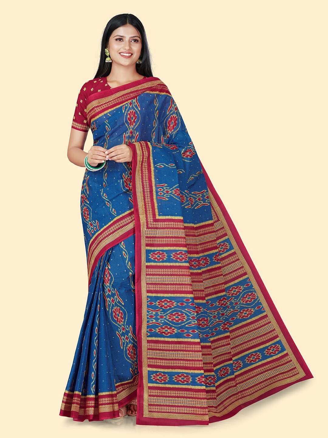 

SHANVIKA Ethnic Motifs Pure Cotton Ikat Printed Saree, Blue