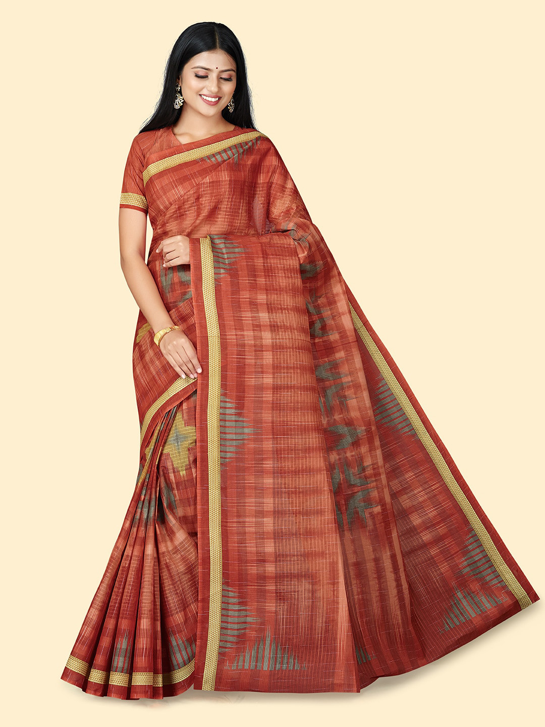 

SHANVIKA Abstract Printed Pure Cotton Block Print Saree, Rust