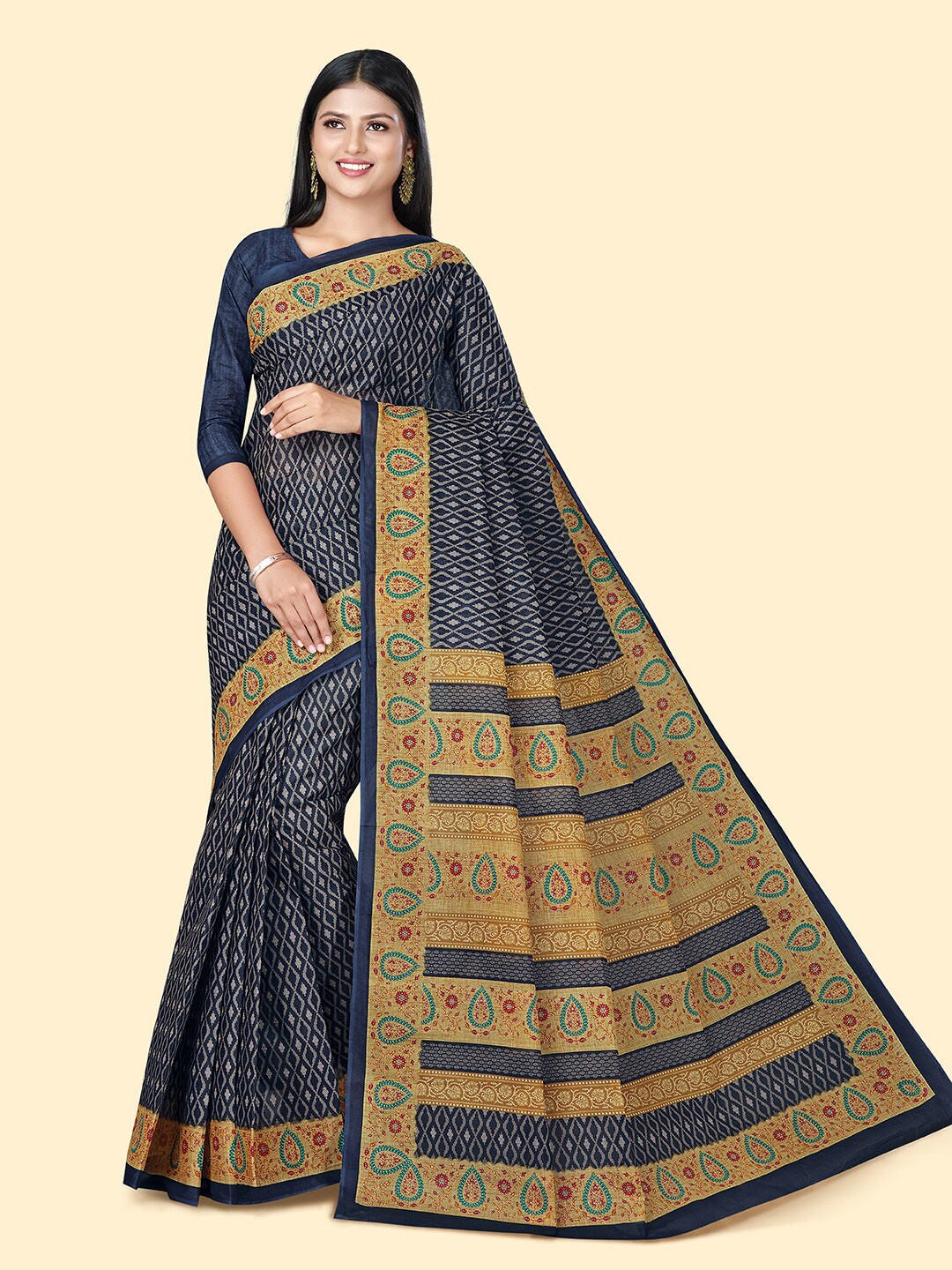 

SHANVIKA Geometric Printed Pure Cotton Block Print Saree, Blue