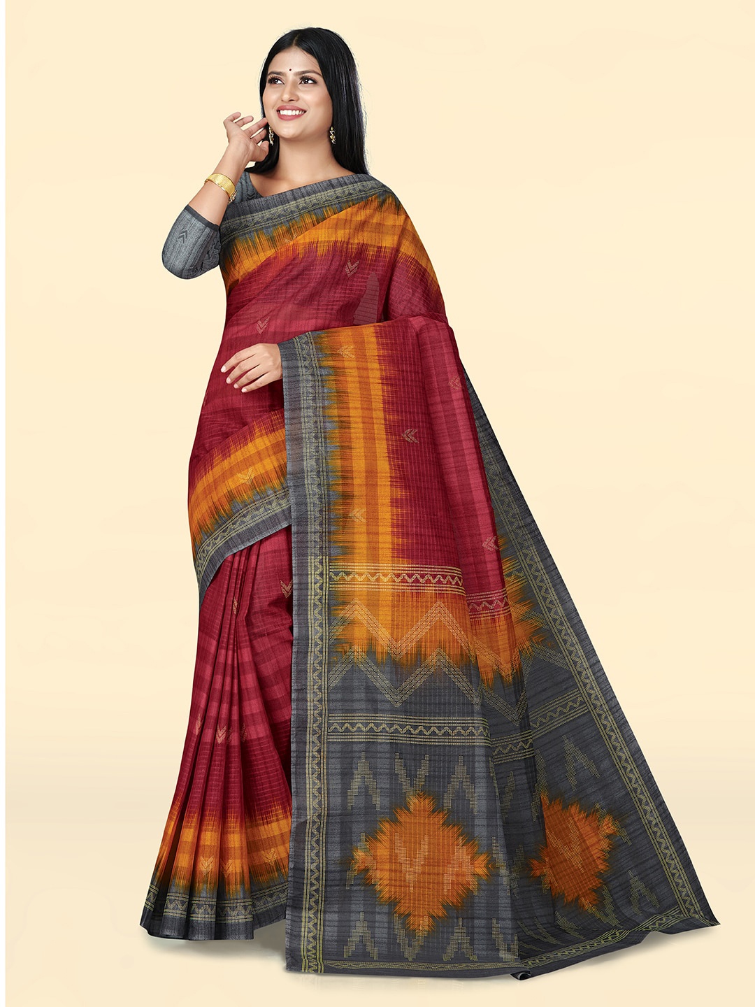 

SHANVIKA Abstract Printed Pure Cotton Block Print Saree, Red