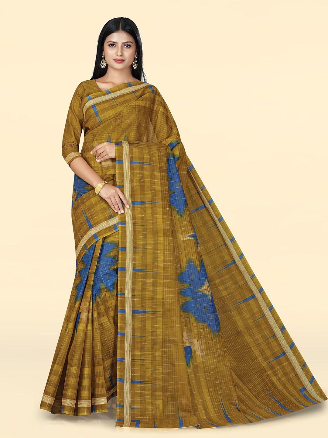 

SHANVIKA Ethnic Motifs Printed Pure Cotton Saree, Mustard