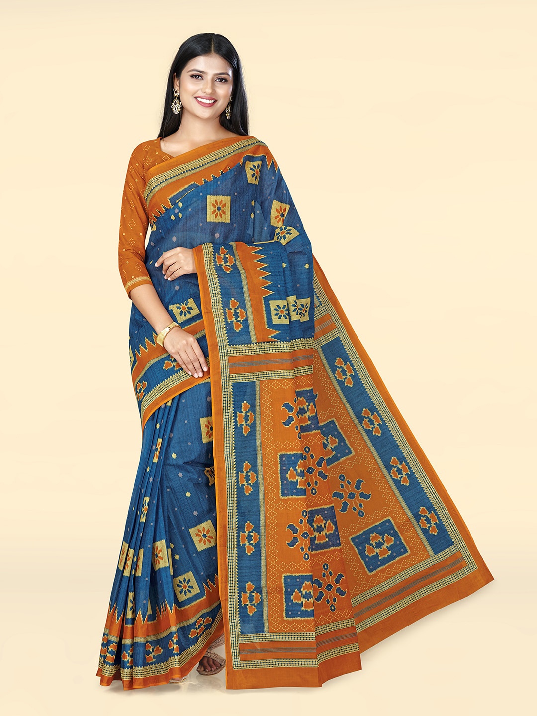 

SHANVIKA Ethnic Motifs Printed Pure Cotton Saree, Blue