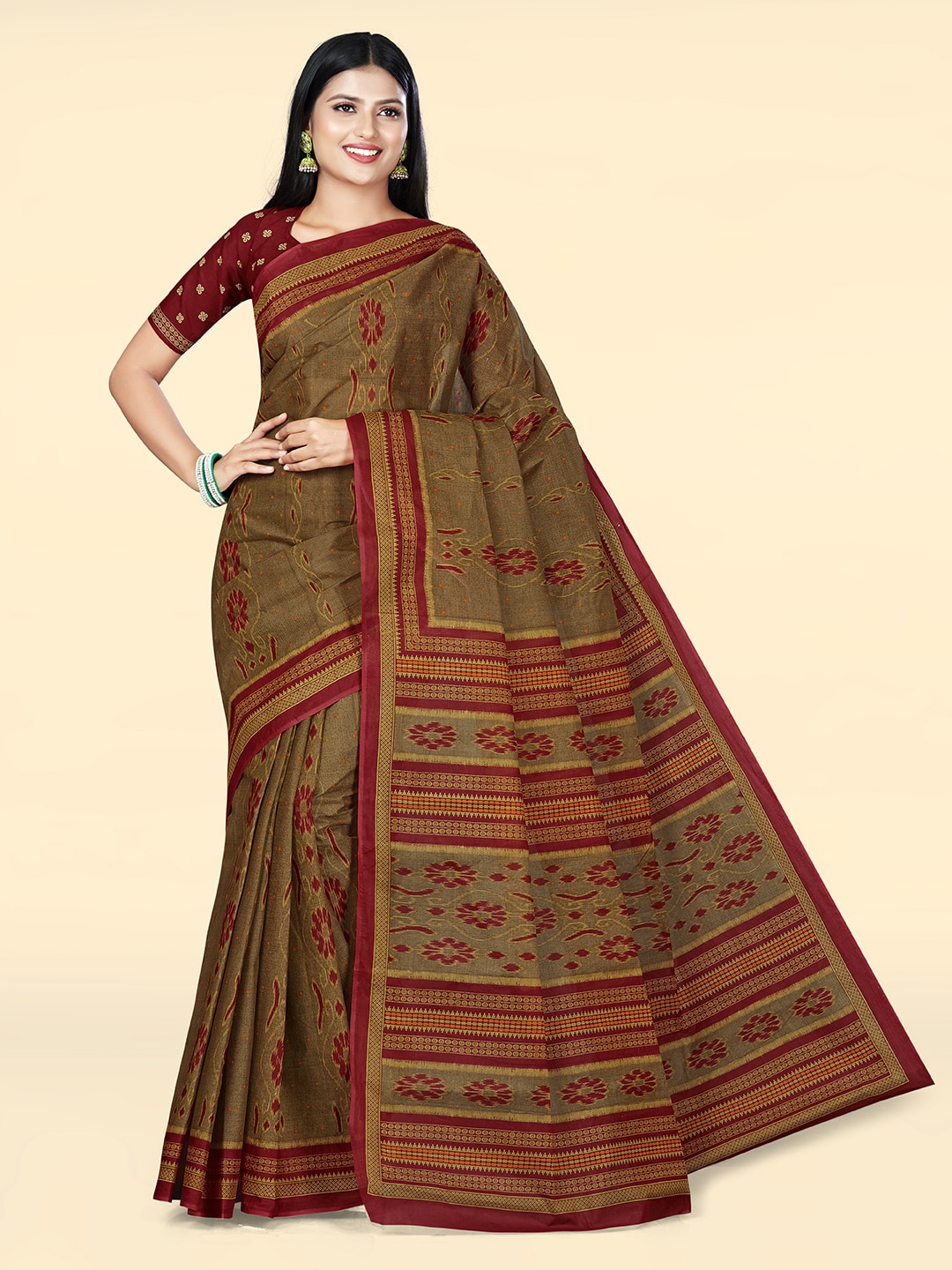 

SHANVIKA Ethnic Motifs Printed Pure Cotton Saree, Brown