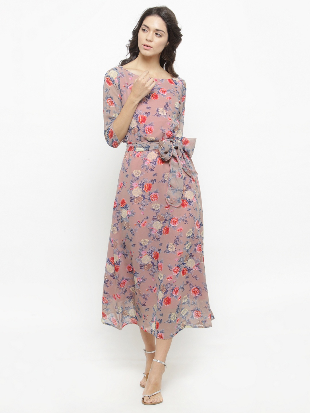 

Azira Women Beige Floral Printed Fit and Flare Dress