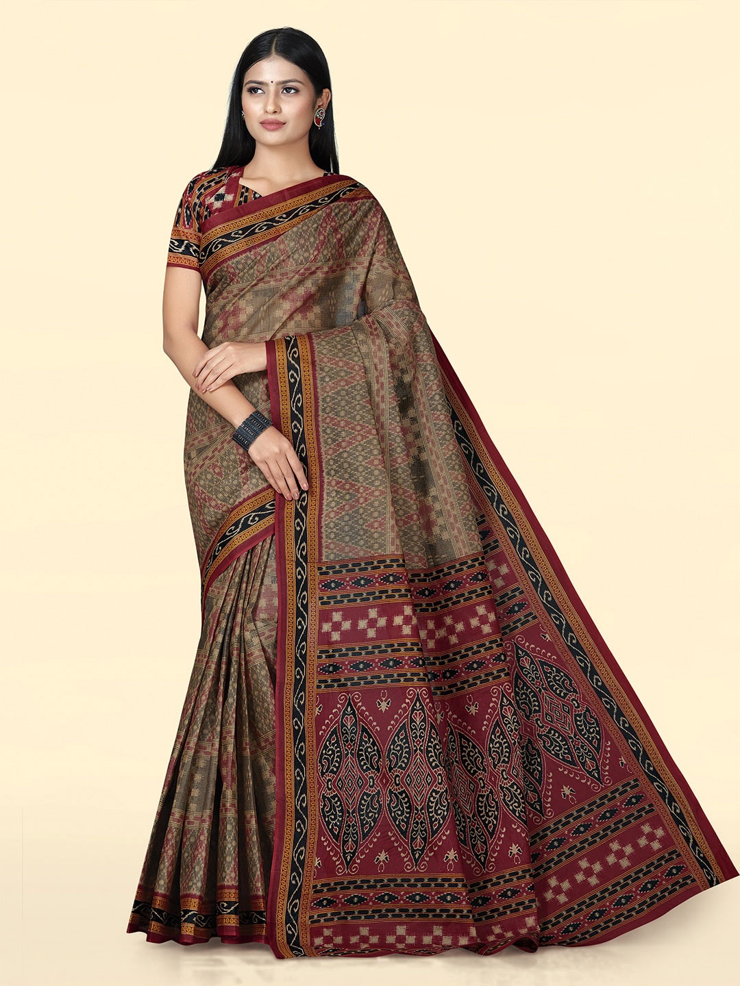 

SHANVIKA Ethnic Motifs Printed Pure Cotton Saree, Brown