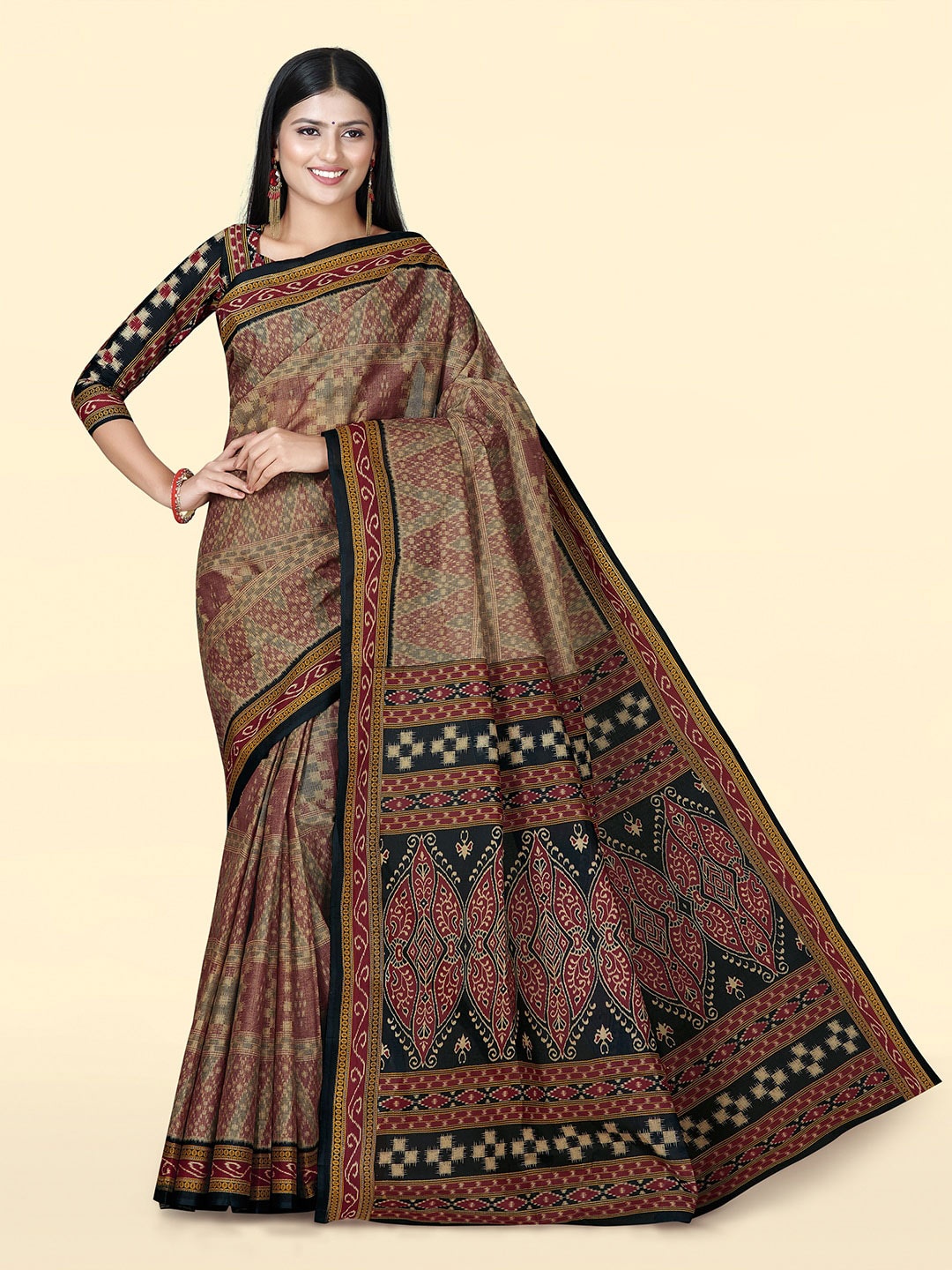 

SHANVIKA Ethnic Motifs Printed Pure Cotton Saree, Brown