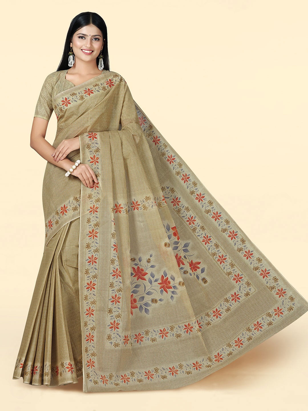 

SHANVIKA Floral Printed Pure Cotton Saree, Beige