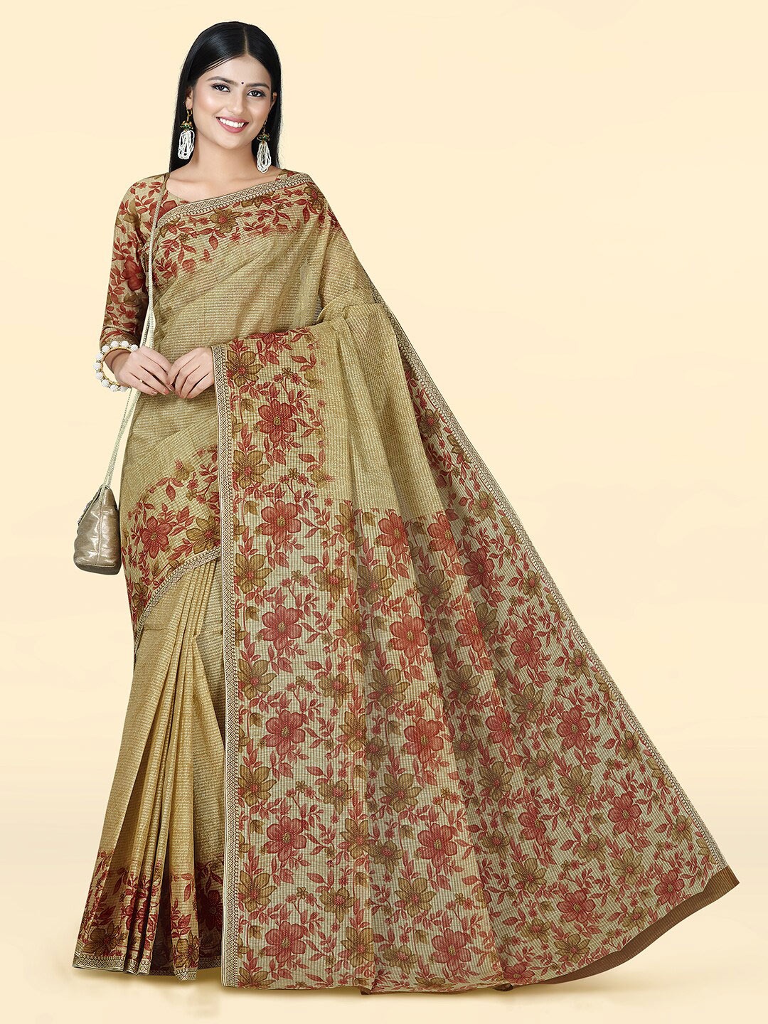 

SHANVIKA Floral Printed Pure Cotton Saree, Beige