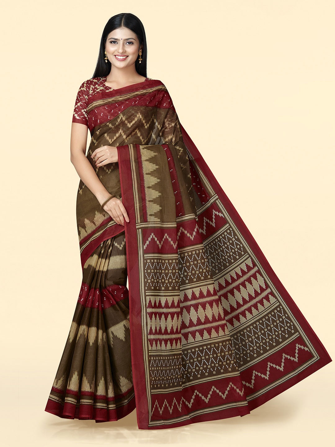 

SHANVIKA Geometric Printed Pure Cotton Saree, Brown