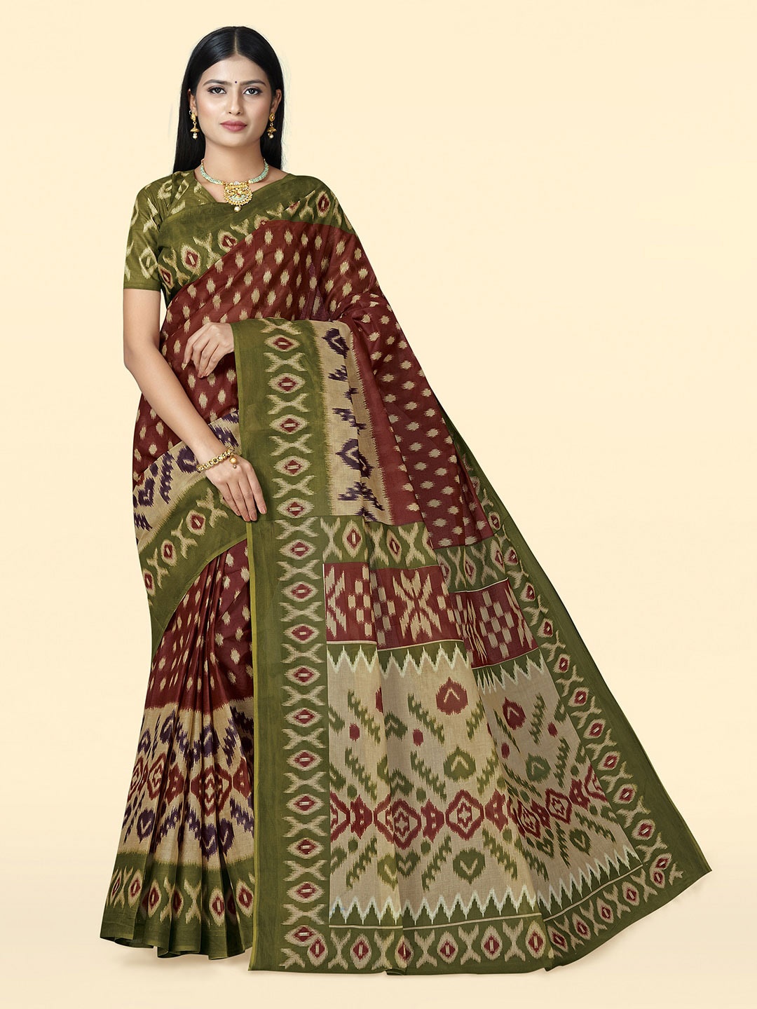 

SHANVIKA Ethnic Motifs Printed Pure Cotton Saree, Brown
