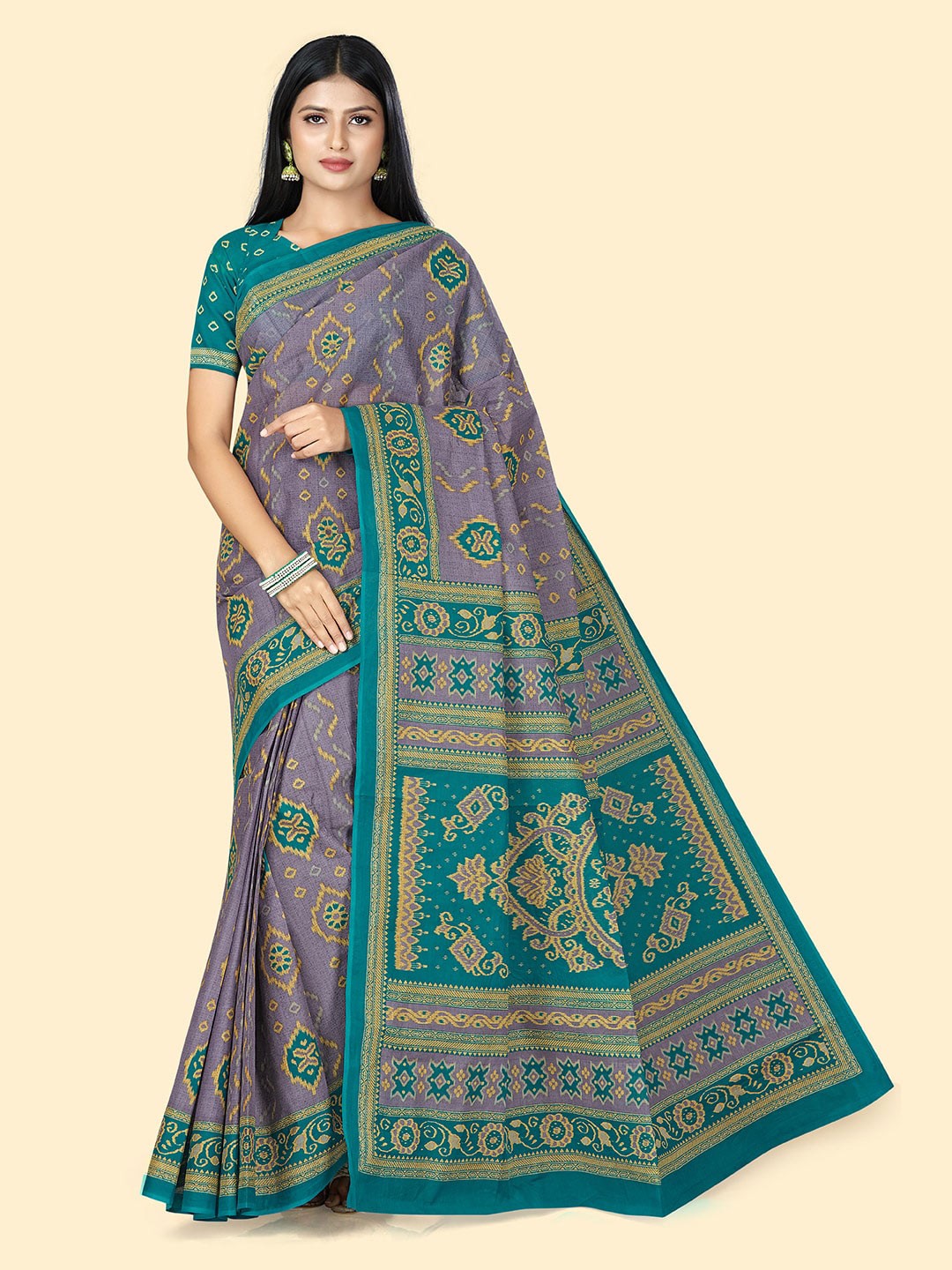 

SHANVIKA Ethnic Motifs Printed Pure Cotton Block Print Saree, Lavender