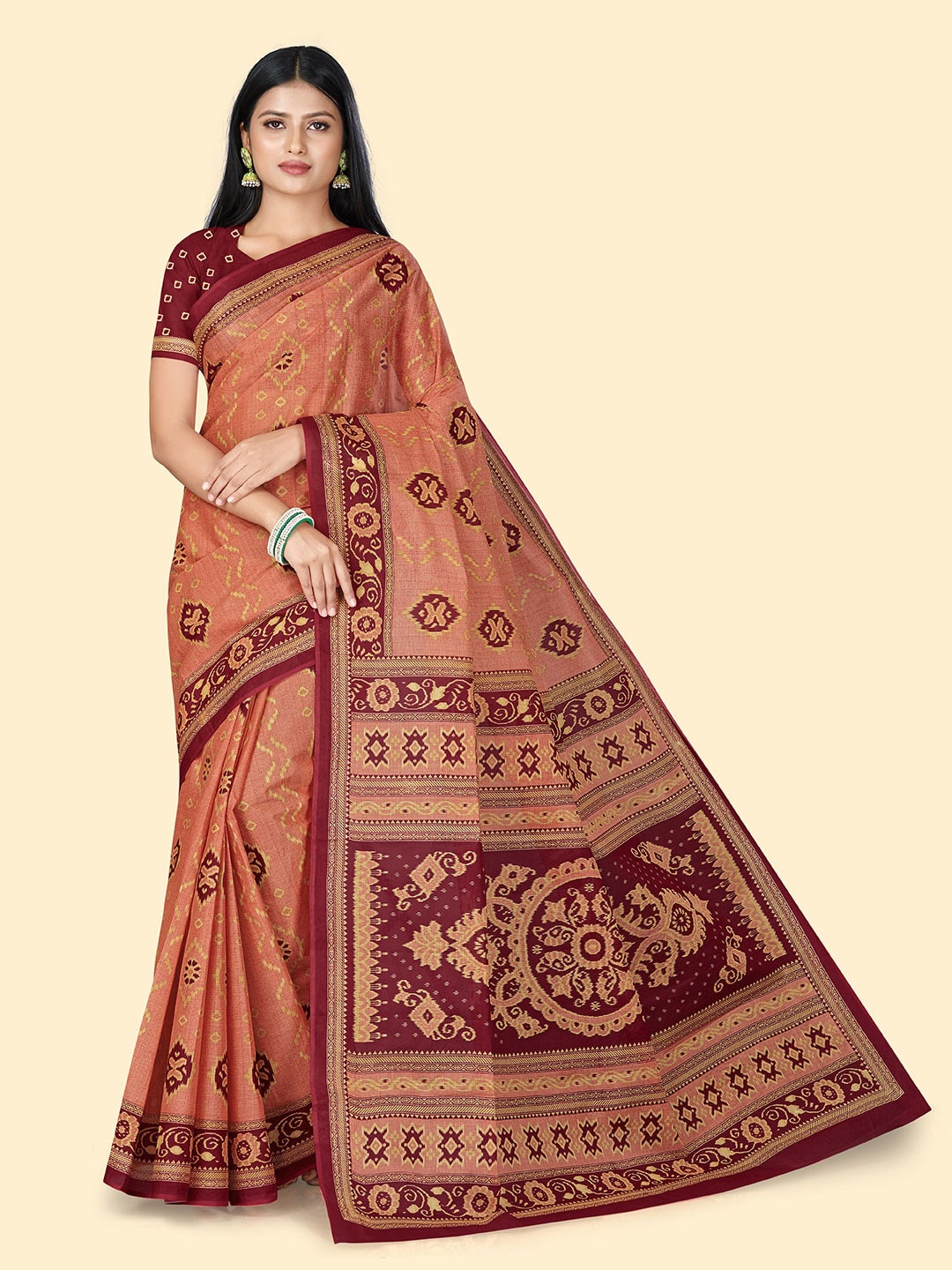 

SHANVIKA Ethnic Motifs Printed Pure Cotton Saree, Peach