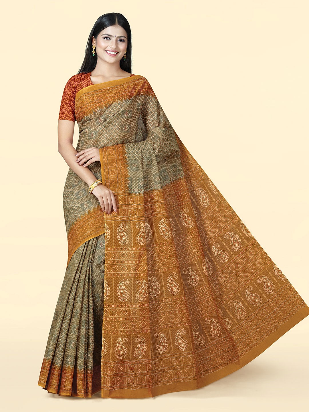 

SHANVIKA Ethnic Motifs Printed Pure Cotton Saree, Mustard