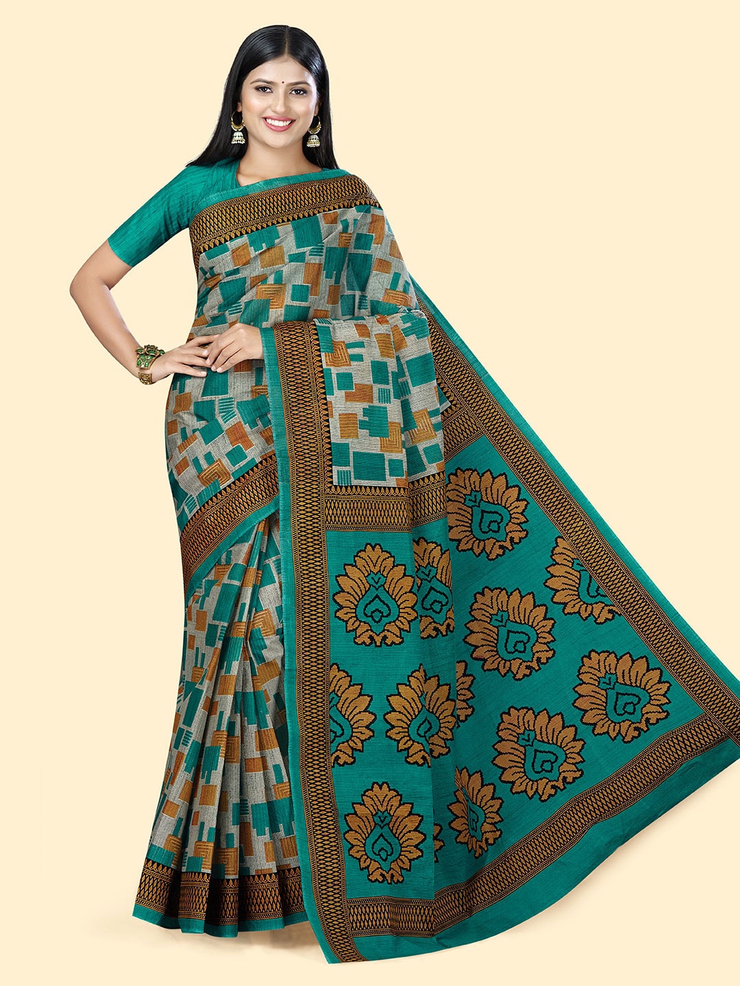 

SHANVIKA Geometric Printed Pure Cotton Saree, Blue