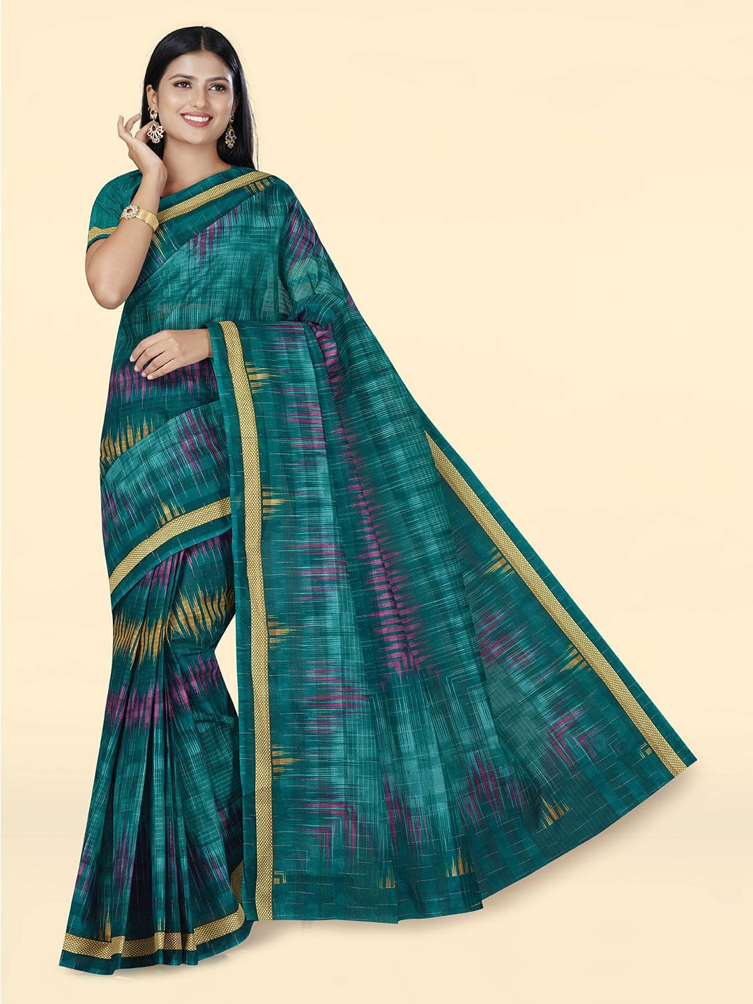 

SHANVIKA Abstract Printed Pure Cotton Saree, Green