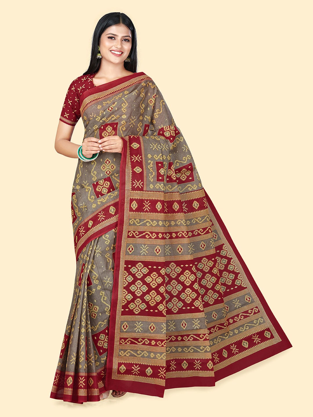 

SHANVIKA Ethnic Woven Design Pure Cotton Ikkat Saree, Brown