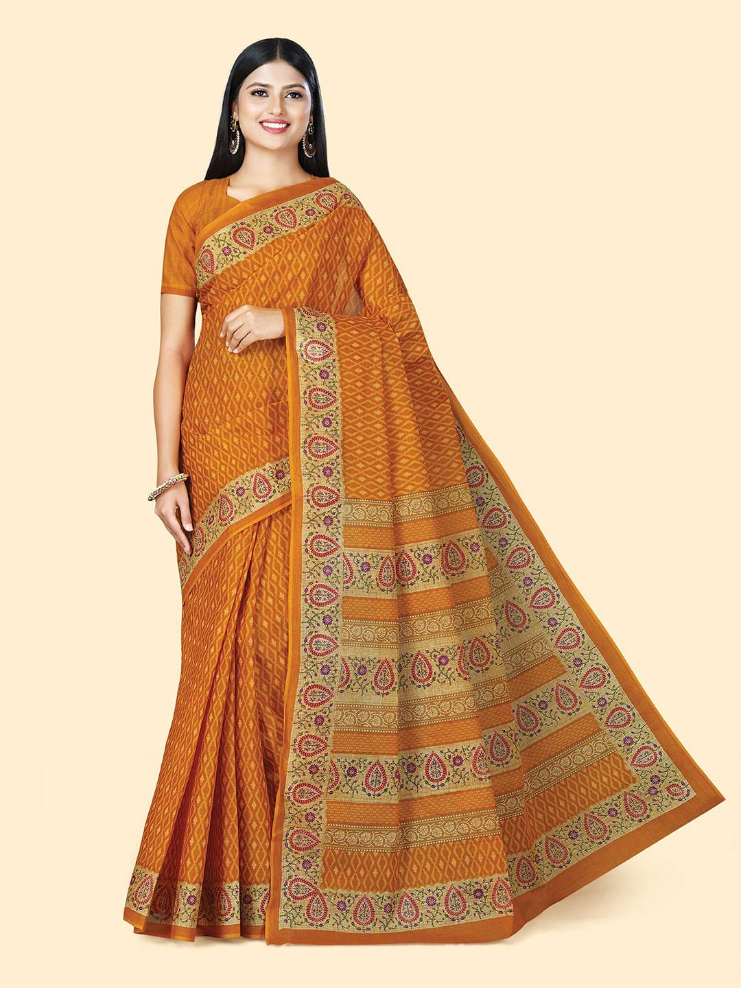 

SHANVIKA Geometric Printed Pure Cotton Saree, Mustard