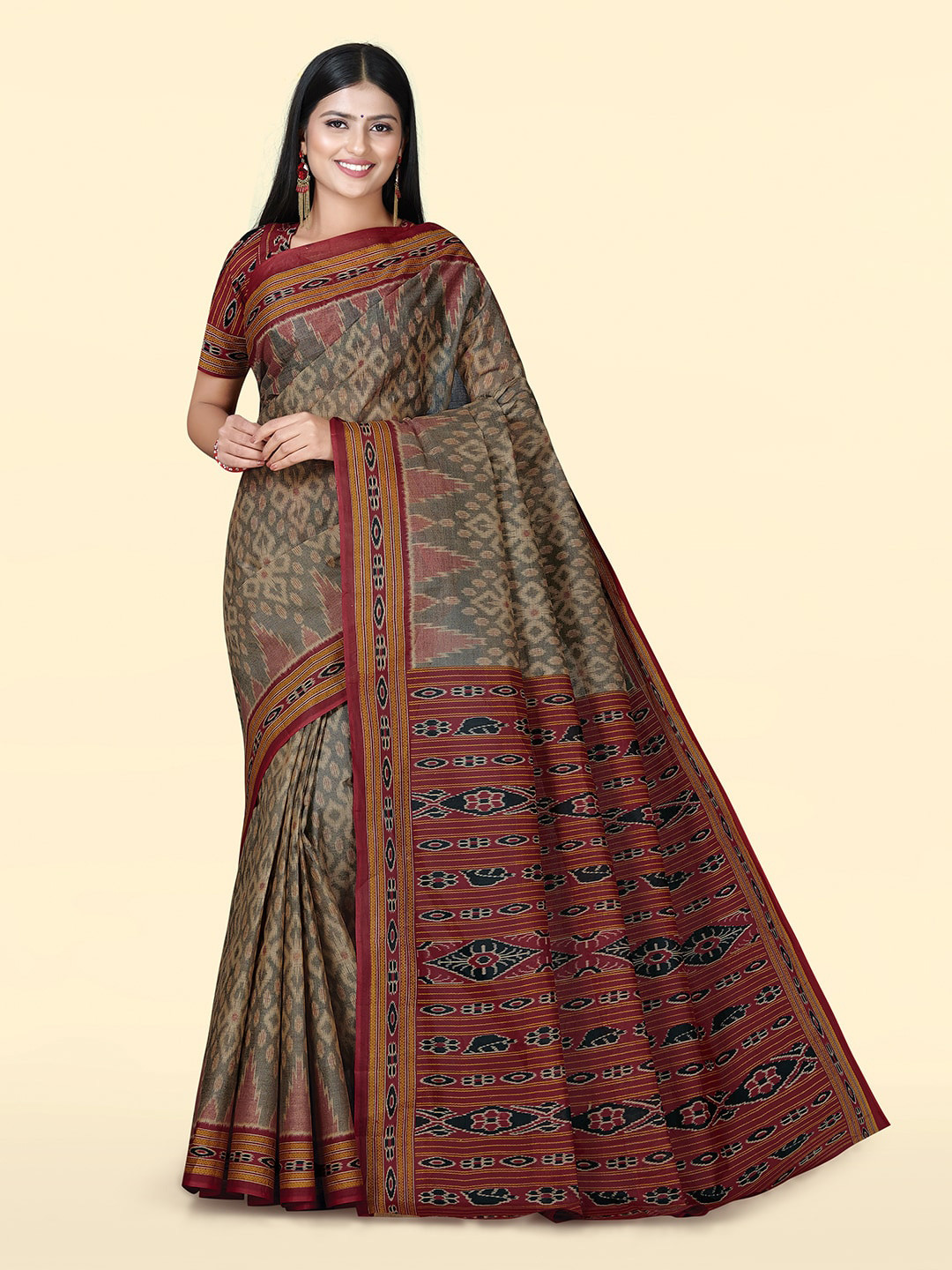 

SHANVIKA Ikkat Printed Pure Cotton Block Print Saree, Red