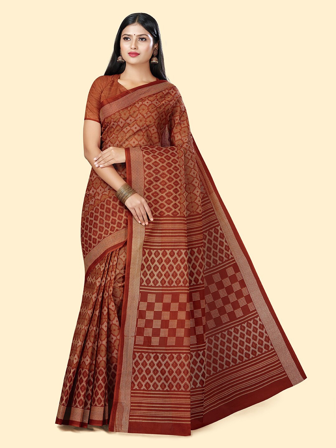 

SHANVIKA Ethnic Motifs Printed Pure Cotton Block Print Saree, Rust