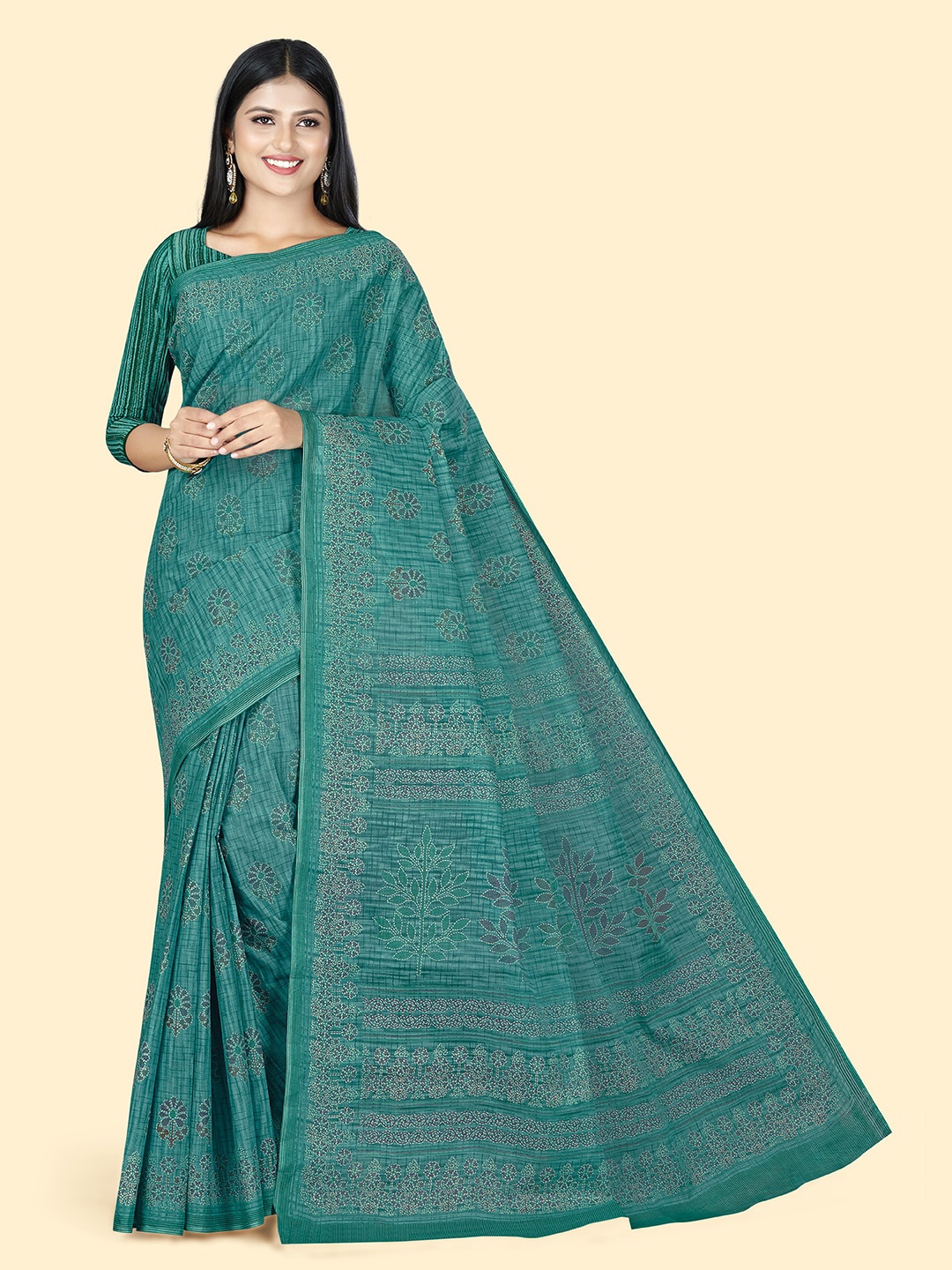 

SHANVIKA Floral Block Printed Pure Cotton Saree, Turquoise blue